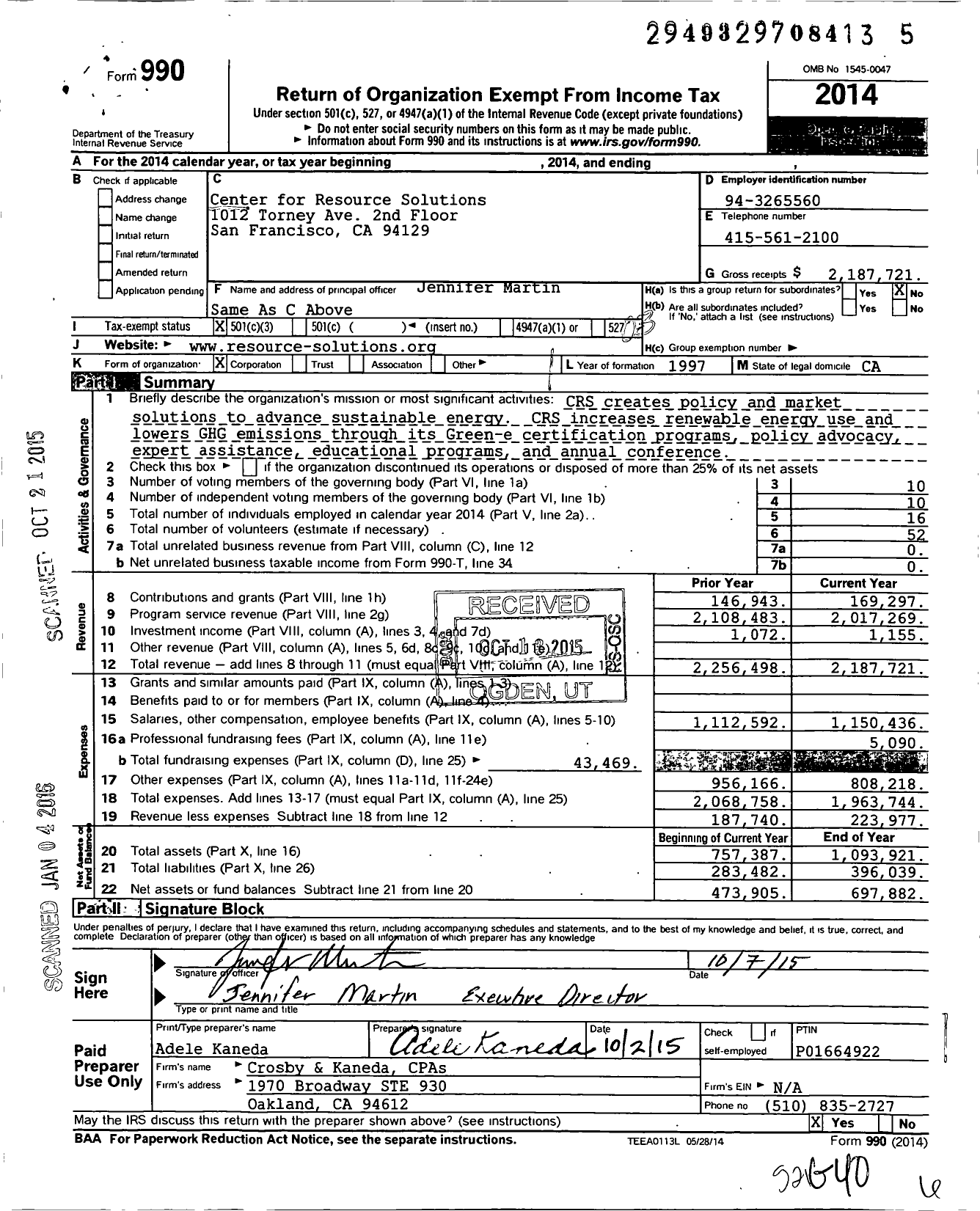 Image of first page of 2014 Form 990 for Center for Resource Solutions