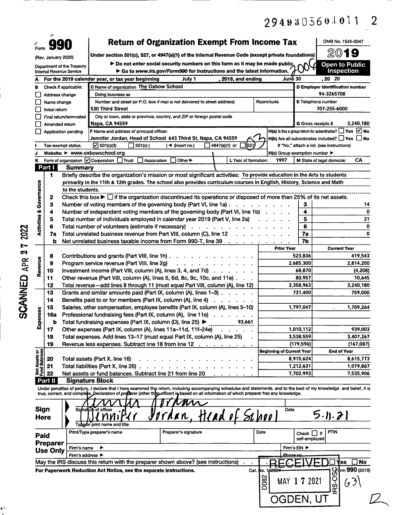 Image of first page of 2019 Form 990 for Oxbow School