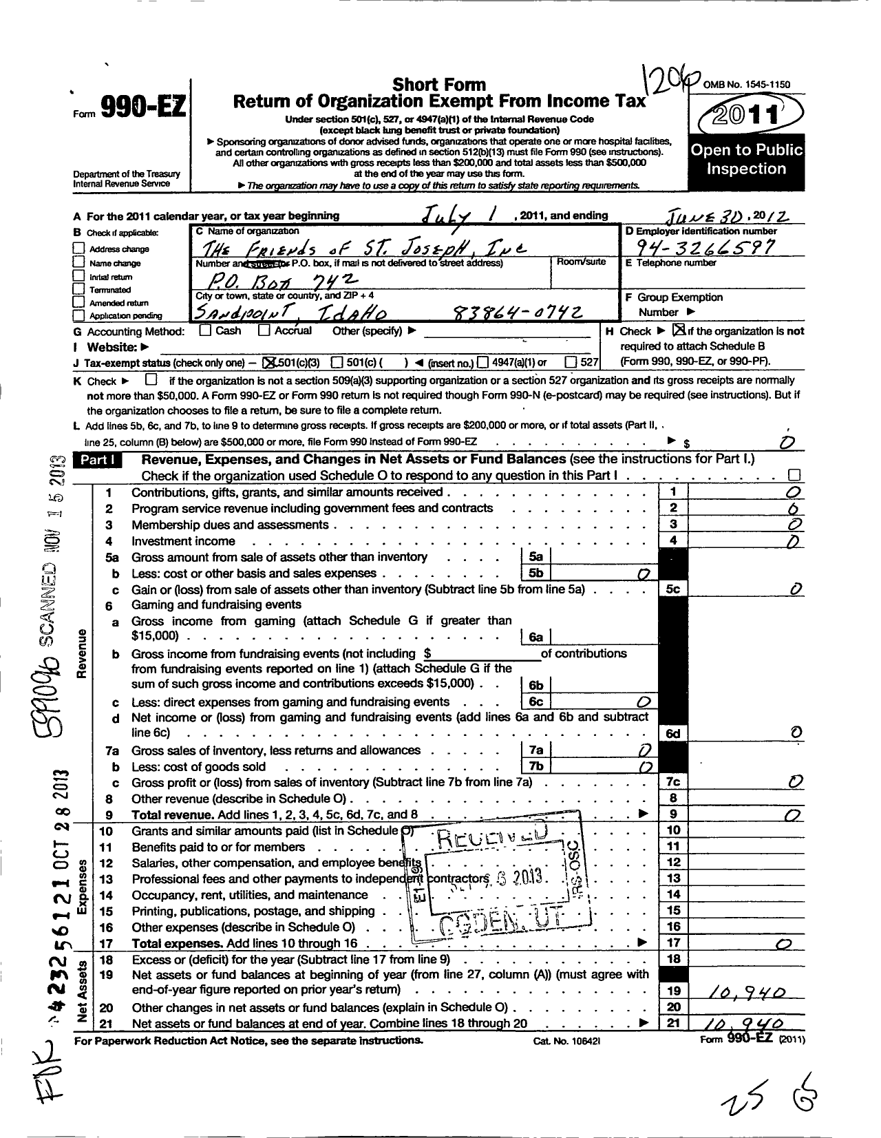 Image of first page of 2011 Form 990EZ for The Friends of St Josephs