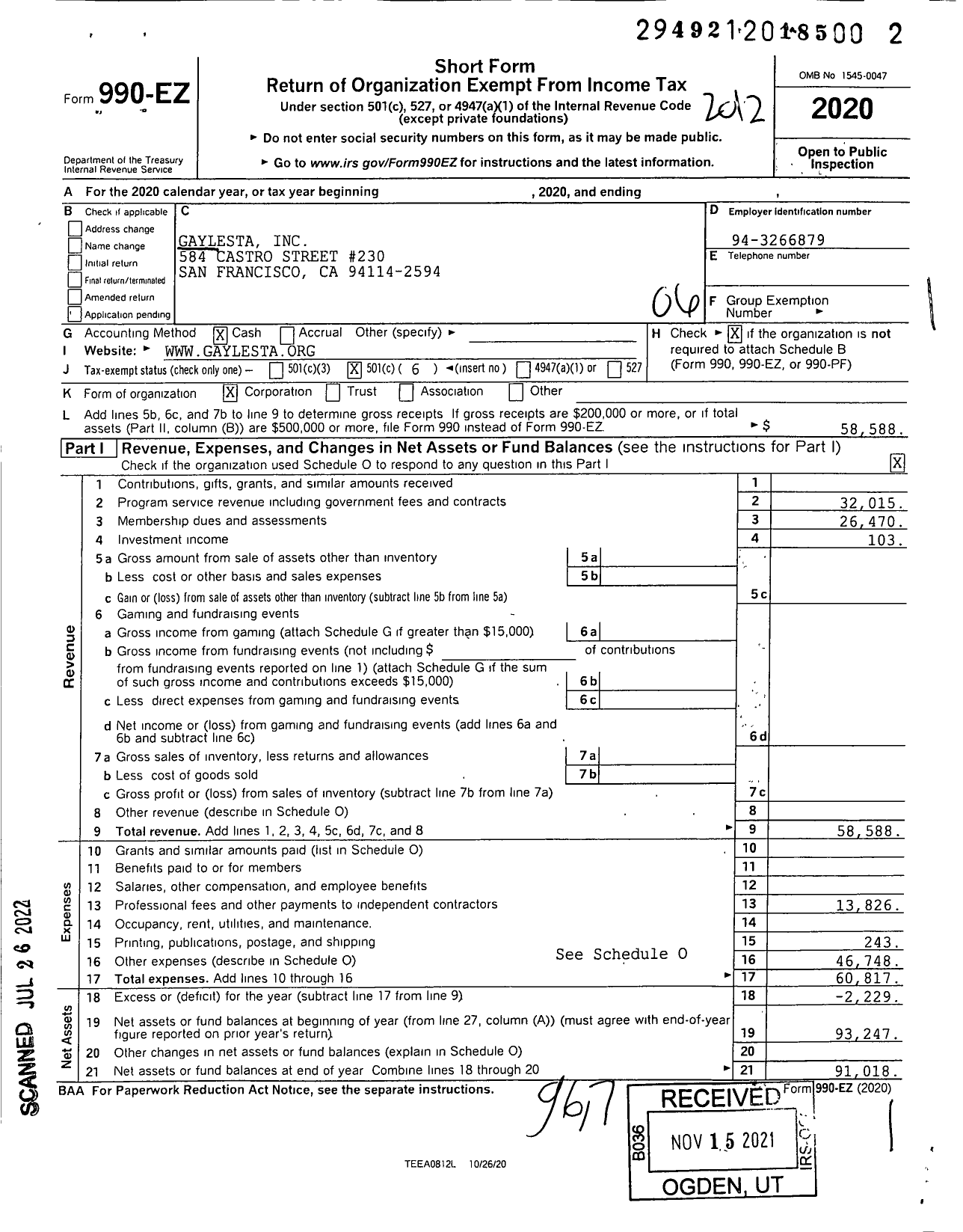 Image of first page of 2020 Form 990EO for Gaylesta