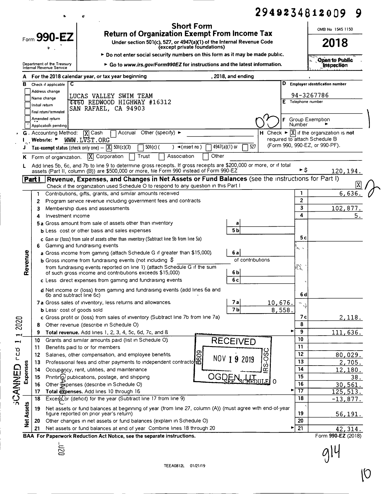 Image of first page of 2018 Form 990EZ for Lucas Valley Swim Club