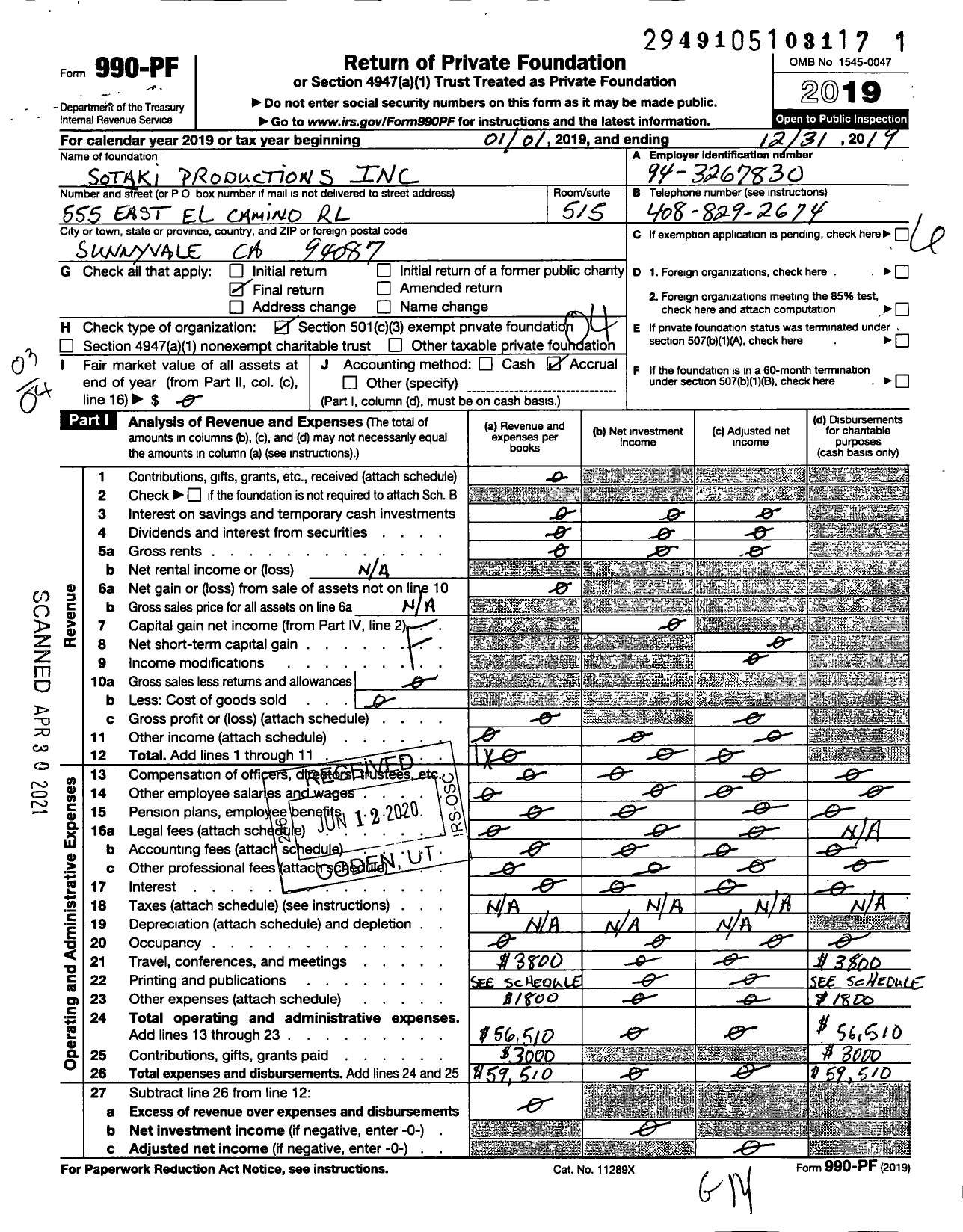 Image of first page of 2019 Form 990PF for Sotaki Productions