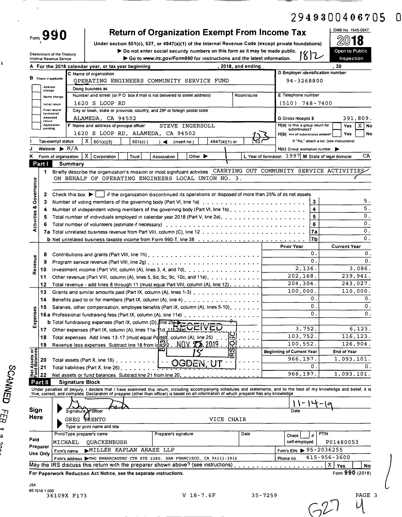 Image of first page of 2018 Form 990 for Operating Engineers Community Service Fund