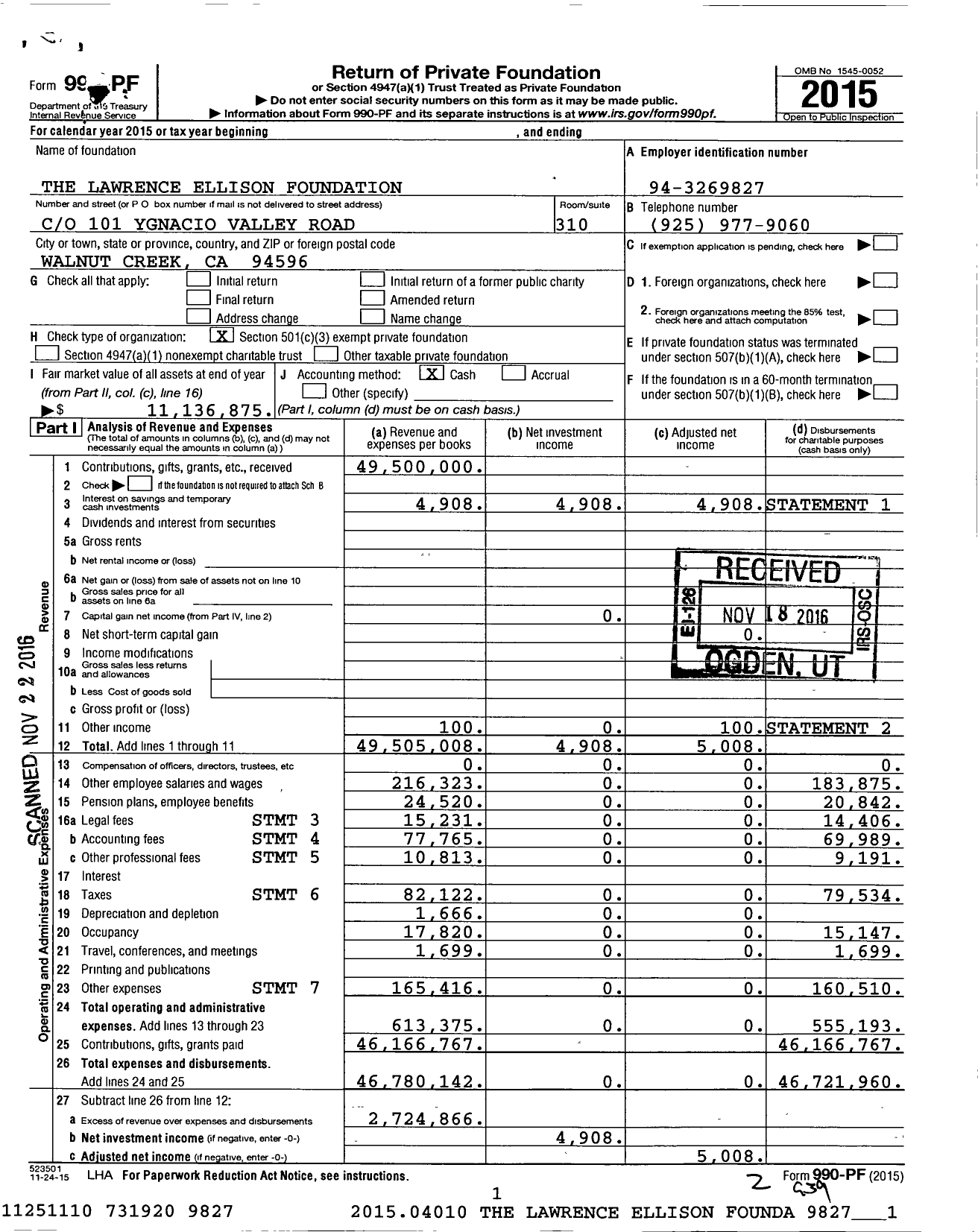 Image of first page of 2015 Form 990PF for The Lawrence Ellison Foundation