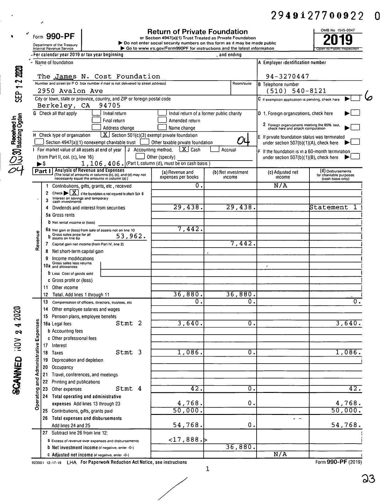 Image of first page of 2019 Form 990PF for The James N Cost Foundation