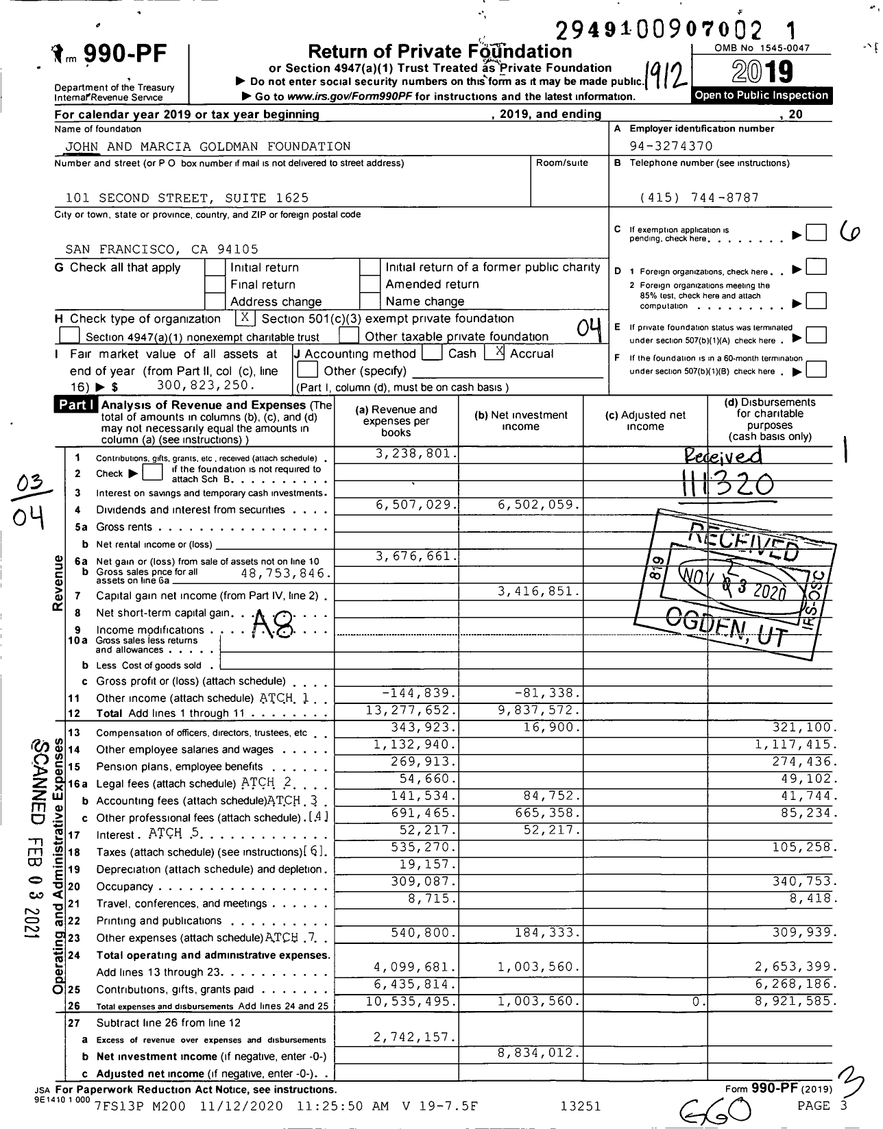 Image of first page of 2019 Form 990PF for John and Marcia Goldman Foundation