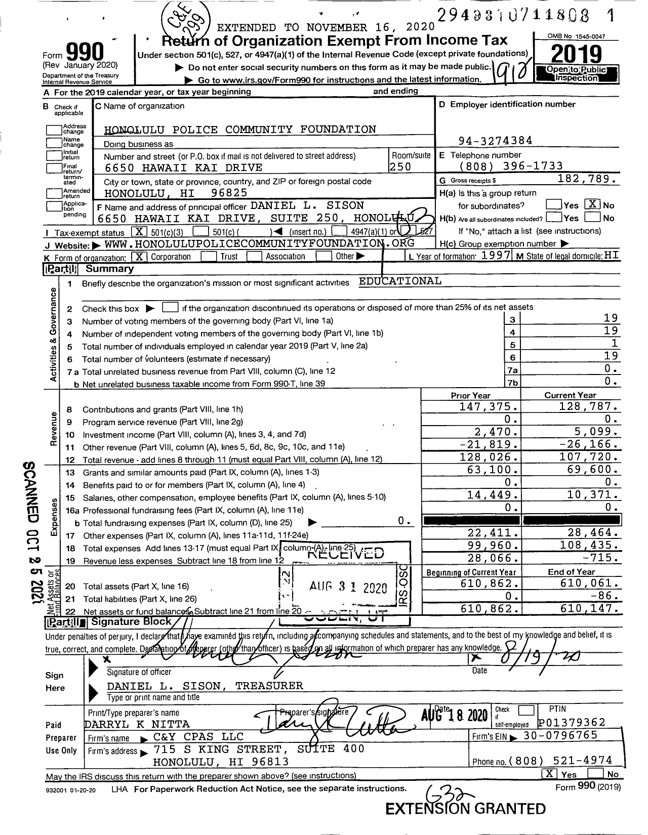 Image of first page of 2019 Form 990 for Honolulu Police Community Foundation