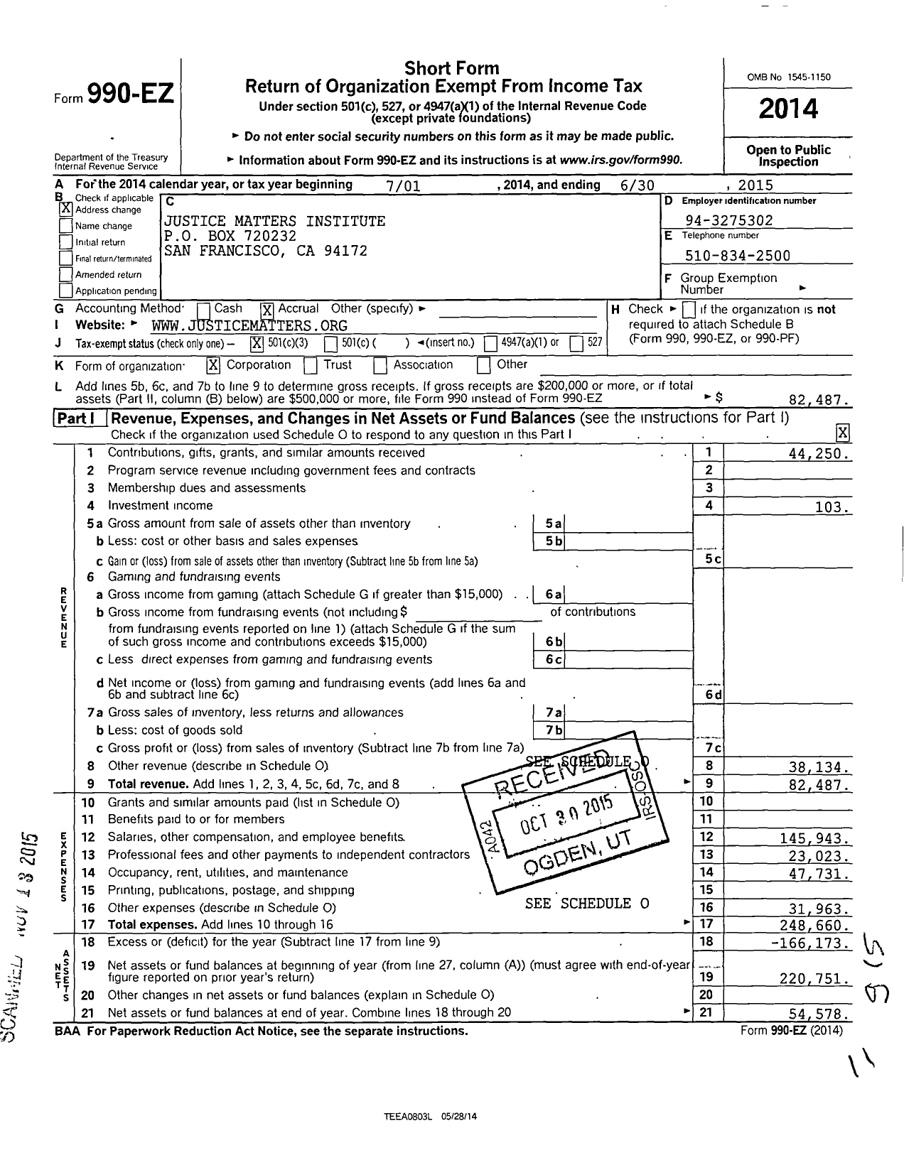 Image of first page of 2014 Form 990EZ for Justice Matters Institute