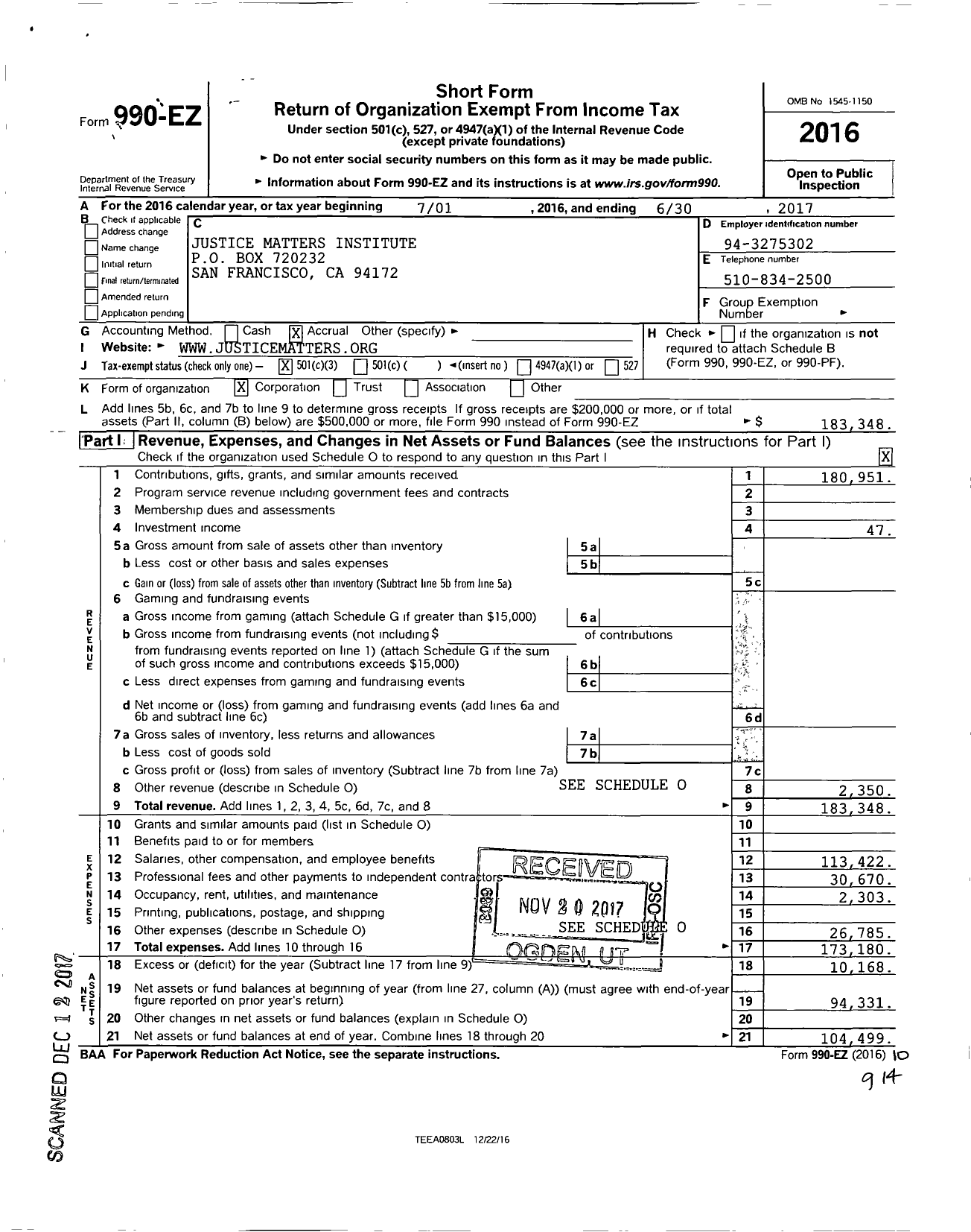 Image of first page of 2016 Form 990EZ for Justice Matters Institute