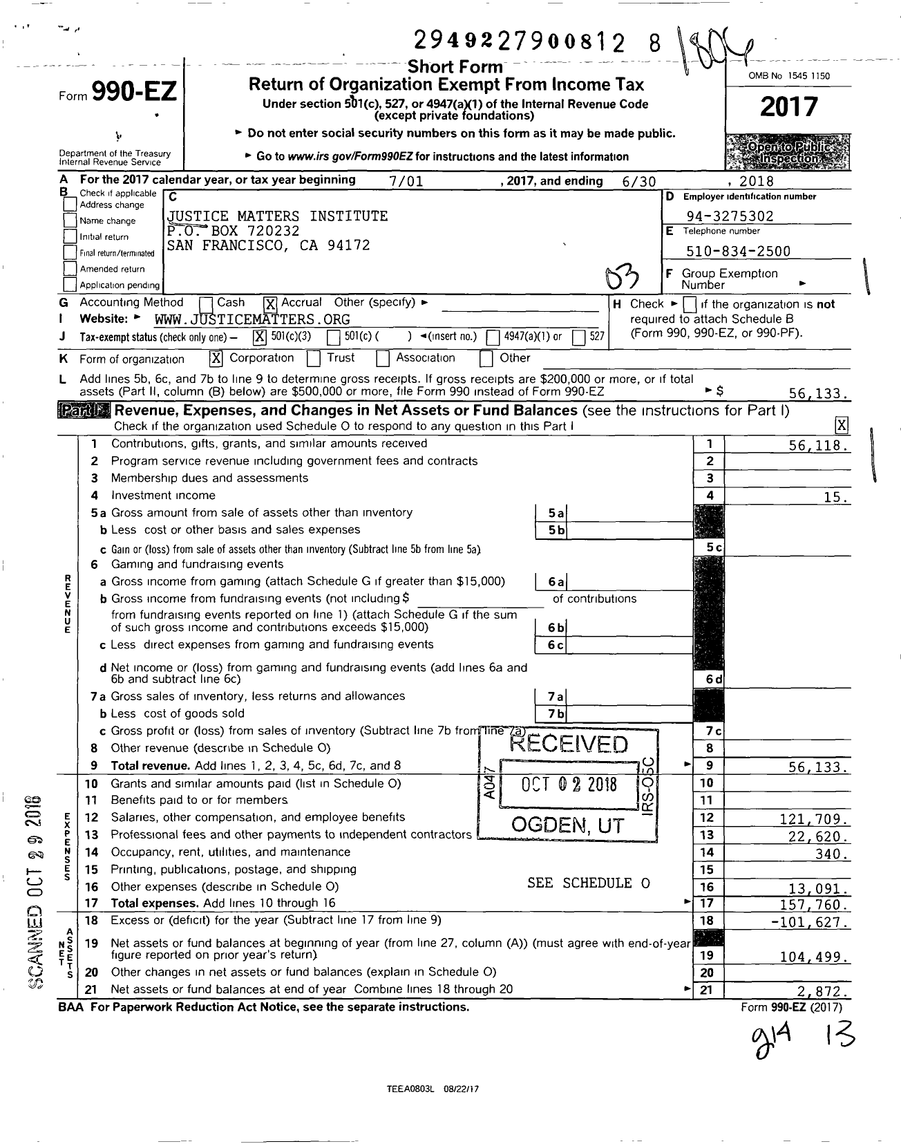 Image of first page of 2017 Form 990EZ for Justice Matters Institute