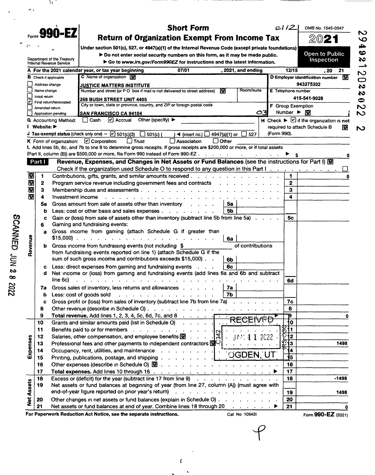 Image of first page of 2021 Form 990EZ for Justice Matters Institute