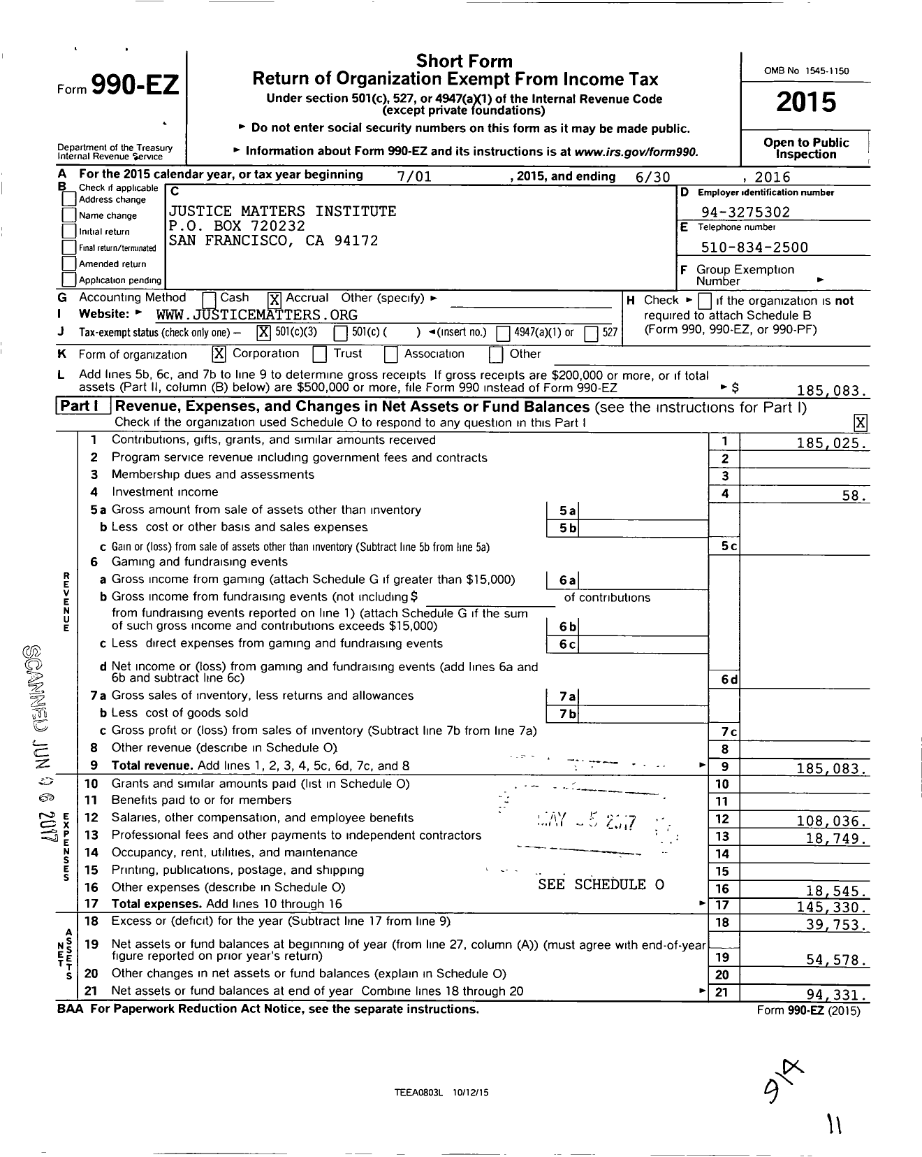 Image of first page of 2015 Form 990EZ for Justice Matters Institute