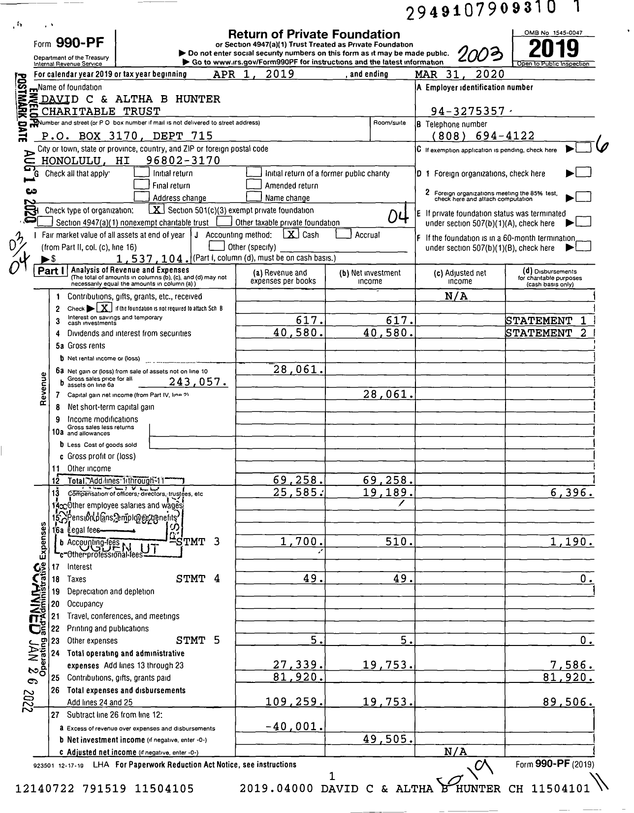 Image of first page of 2019 Form 990PF for David C and Altha B Hunter Charitable Trust
