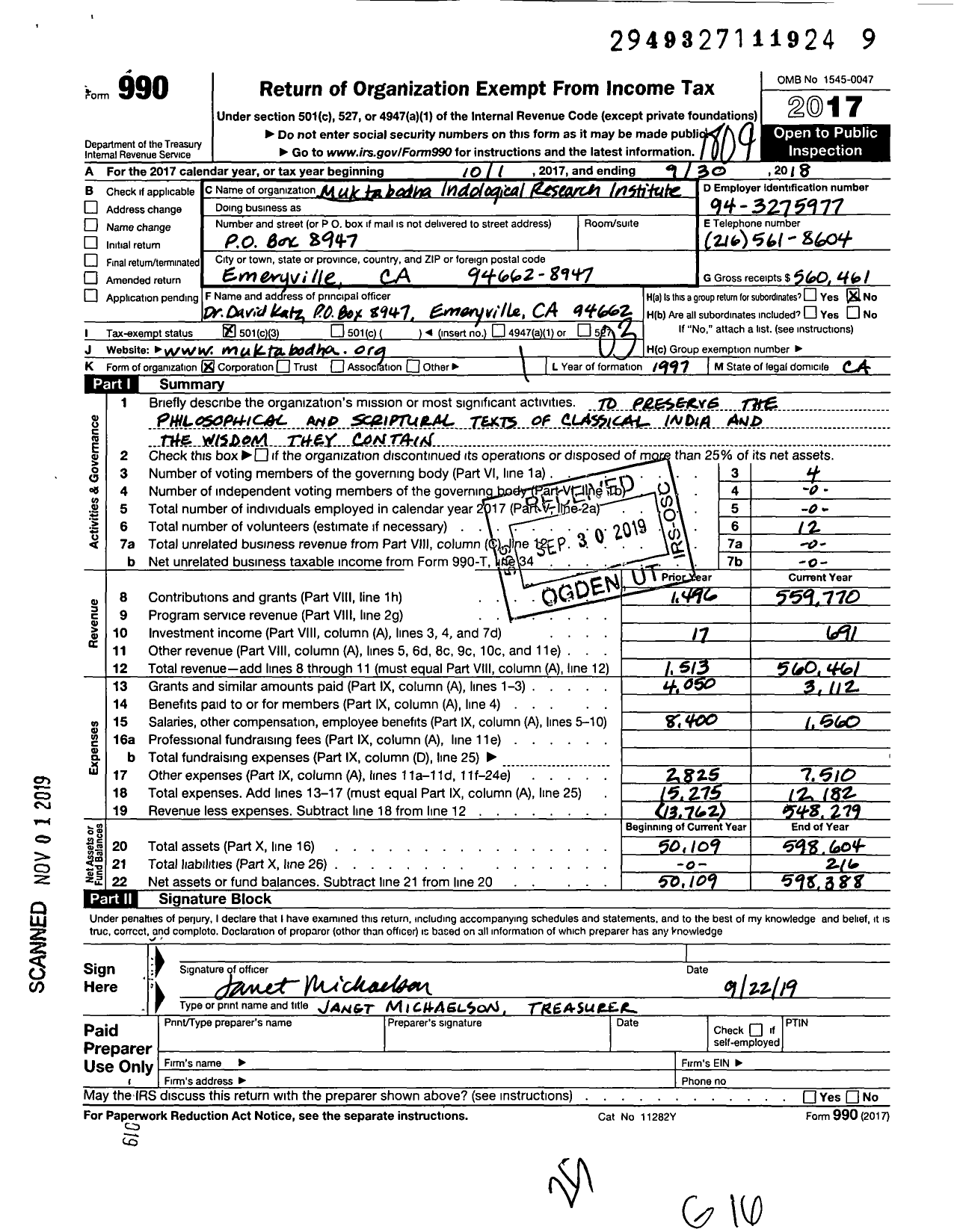 Image of first page of 2017 Form 990 for Muktabodha Indological Research Institute