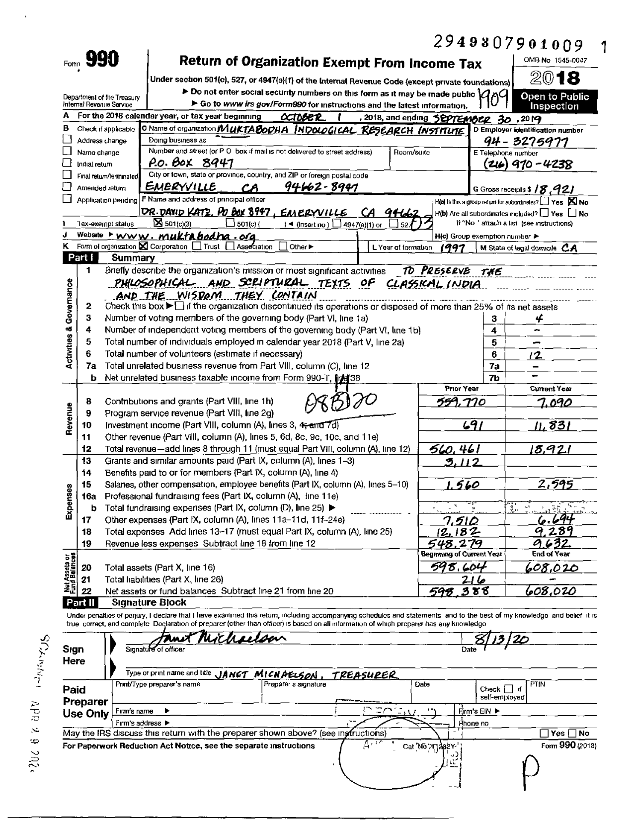 Image of first page of 2018 Form 990 for Muktabodha Indological Research Institute