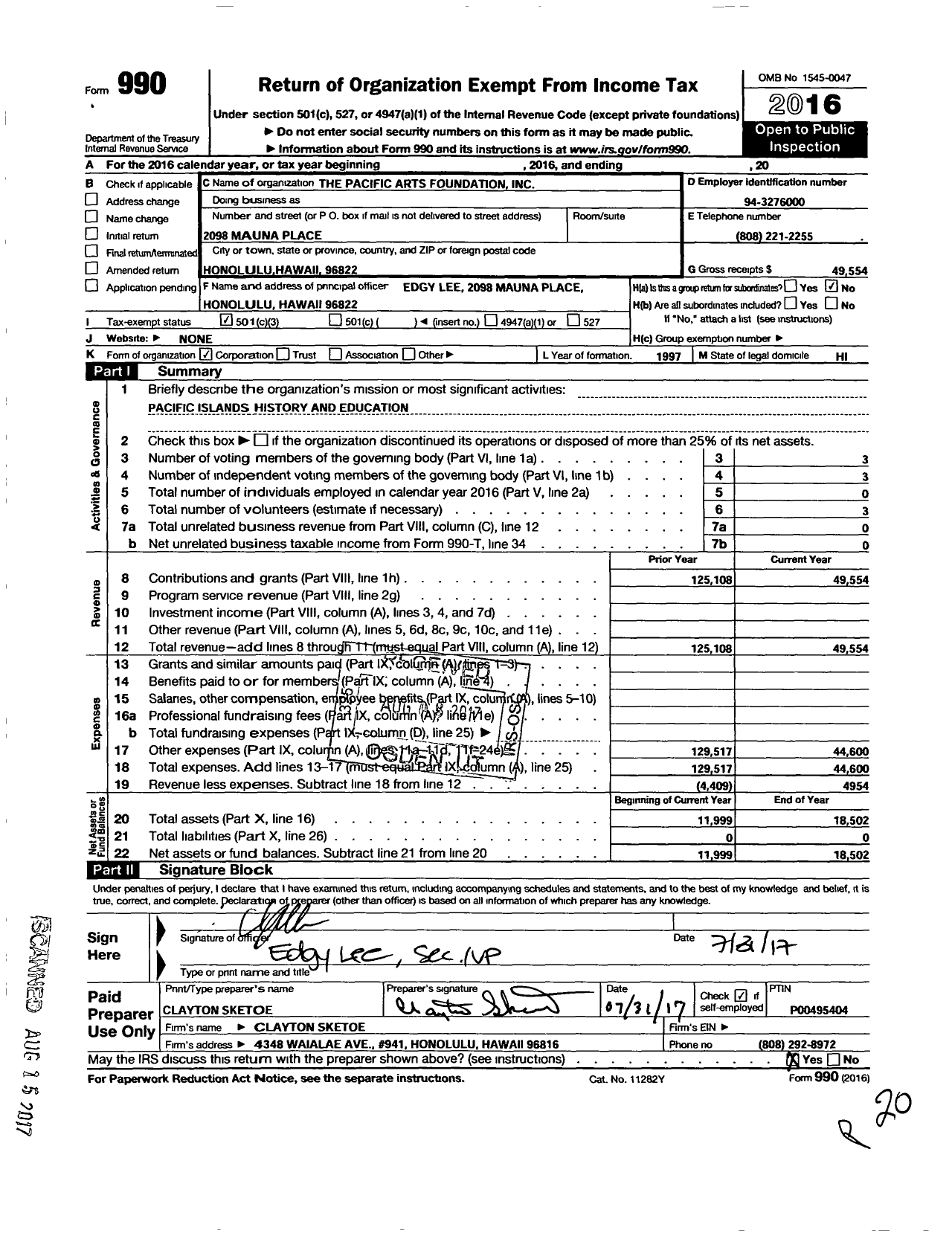 Image of first page of 2016 Form 990 for Pacific Arts Foundation
