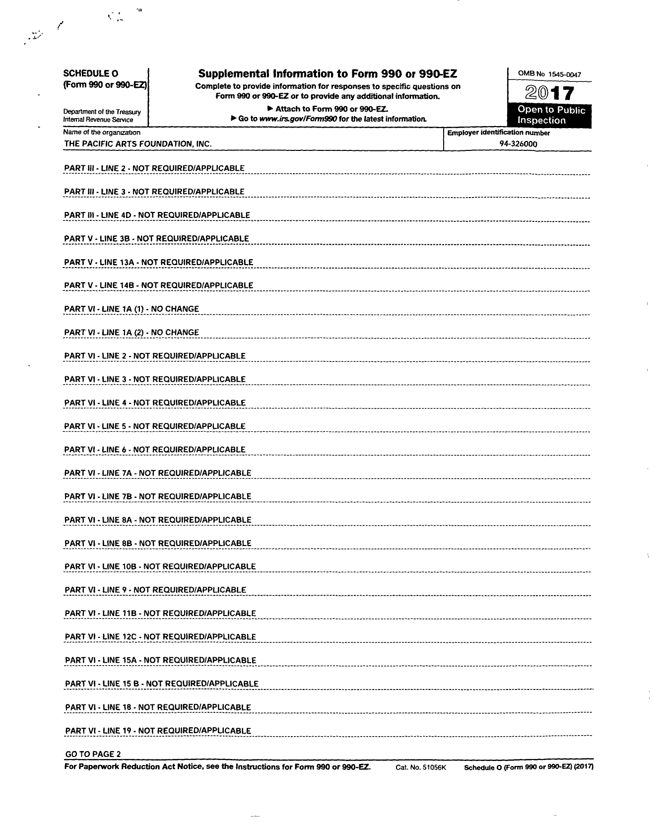 Image of first page of 2016 Form 990R for Pacific Arts Foundation