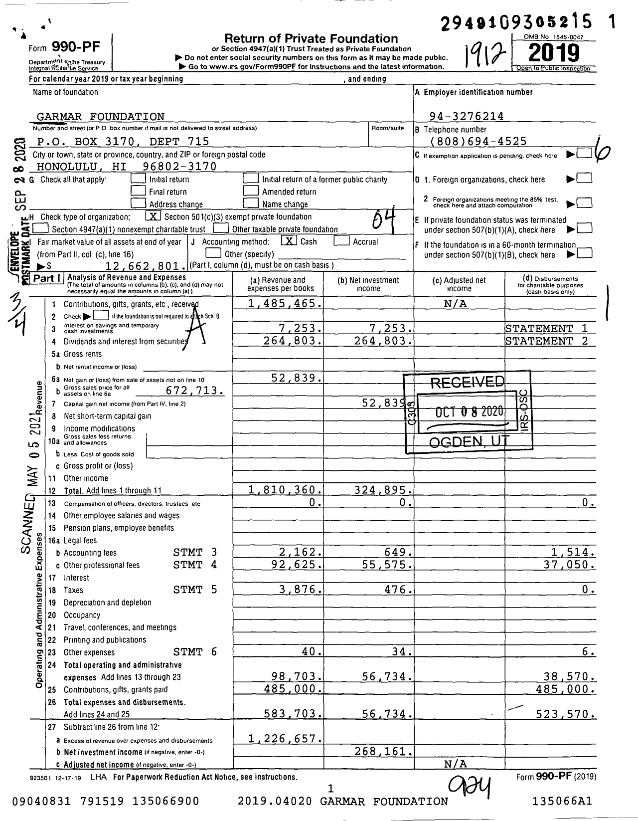 Image of first page of 2019 Form 990PF for Garmar Foundation / C-O Hawaiian Trust Co Ltd