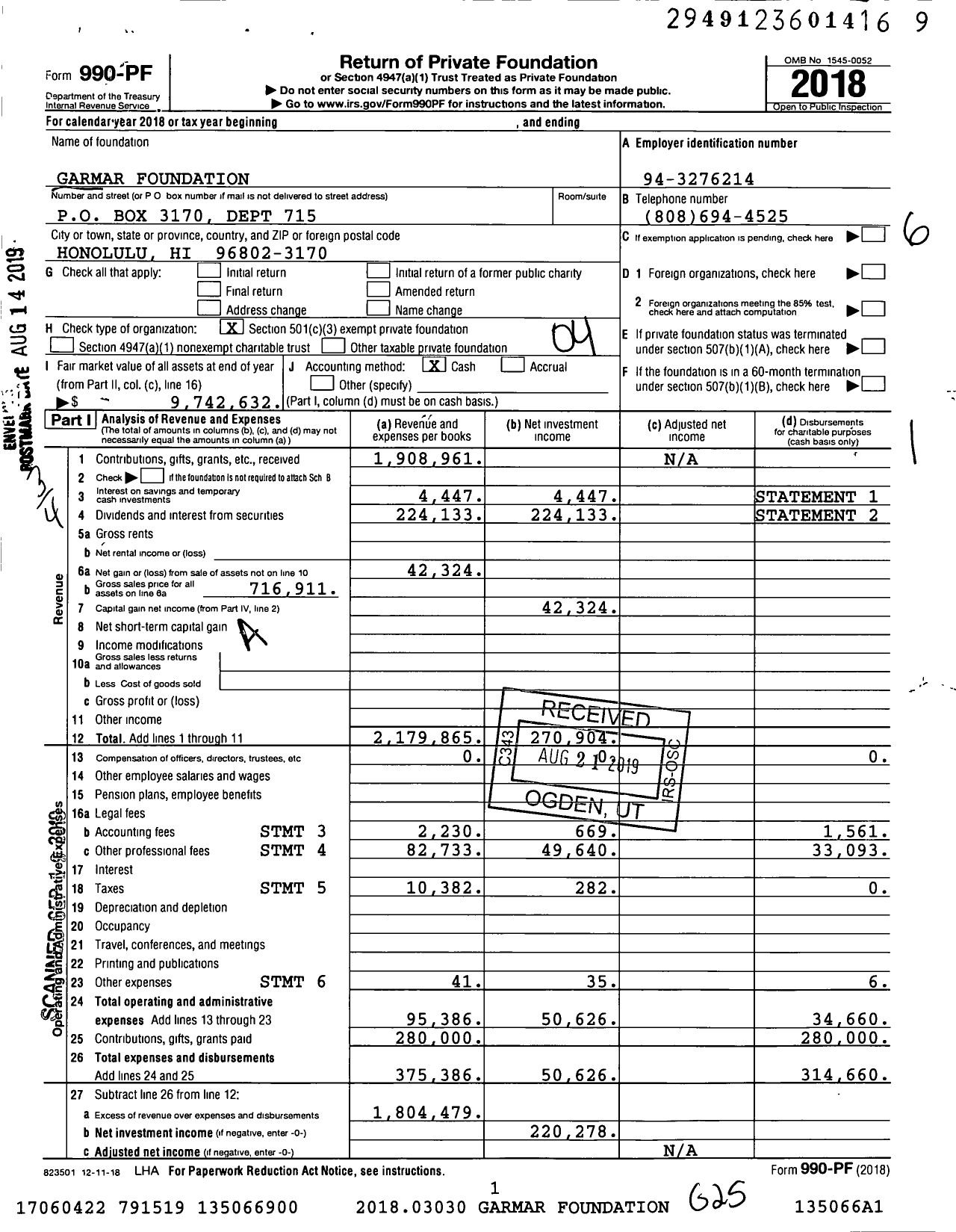 Image of first page of 2018 Form 990PF for Garmar Foundation / C-O Hawaiian Trust Co Ltd