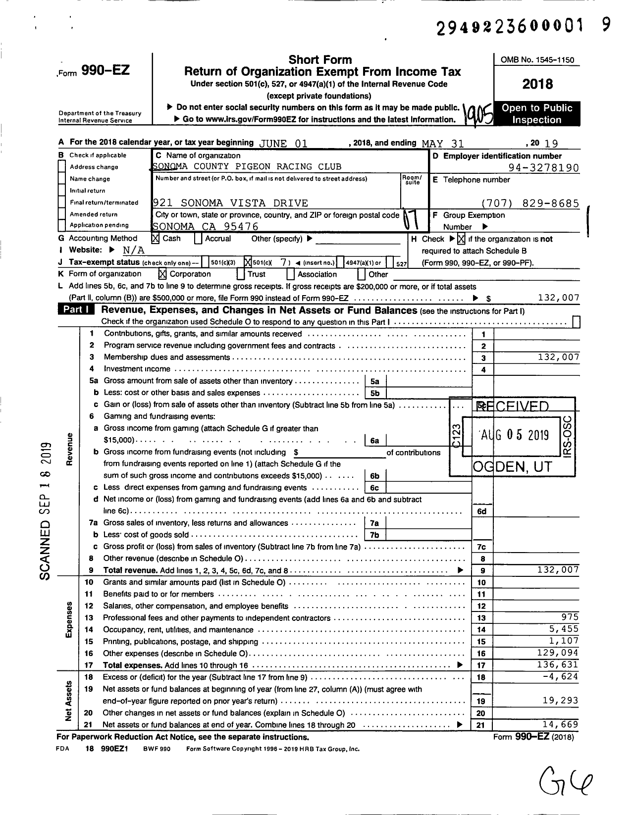 Image of first page of 2018 Form 990EO for Sonoma County Pigeon Racing Club