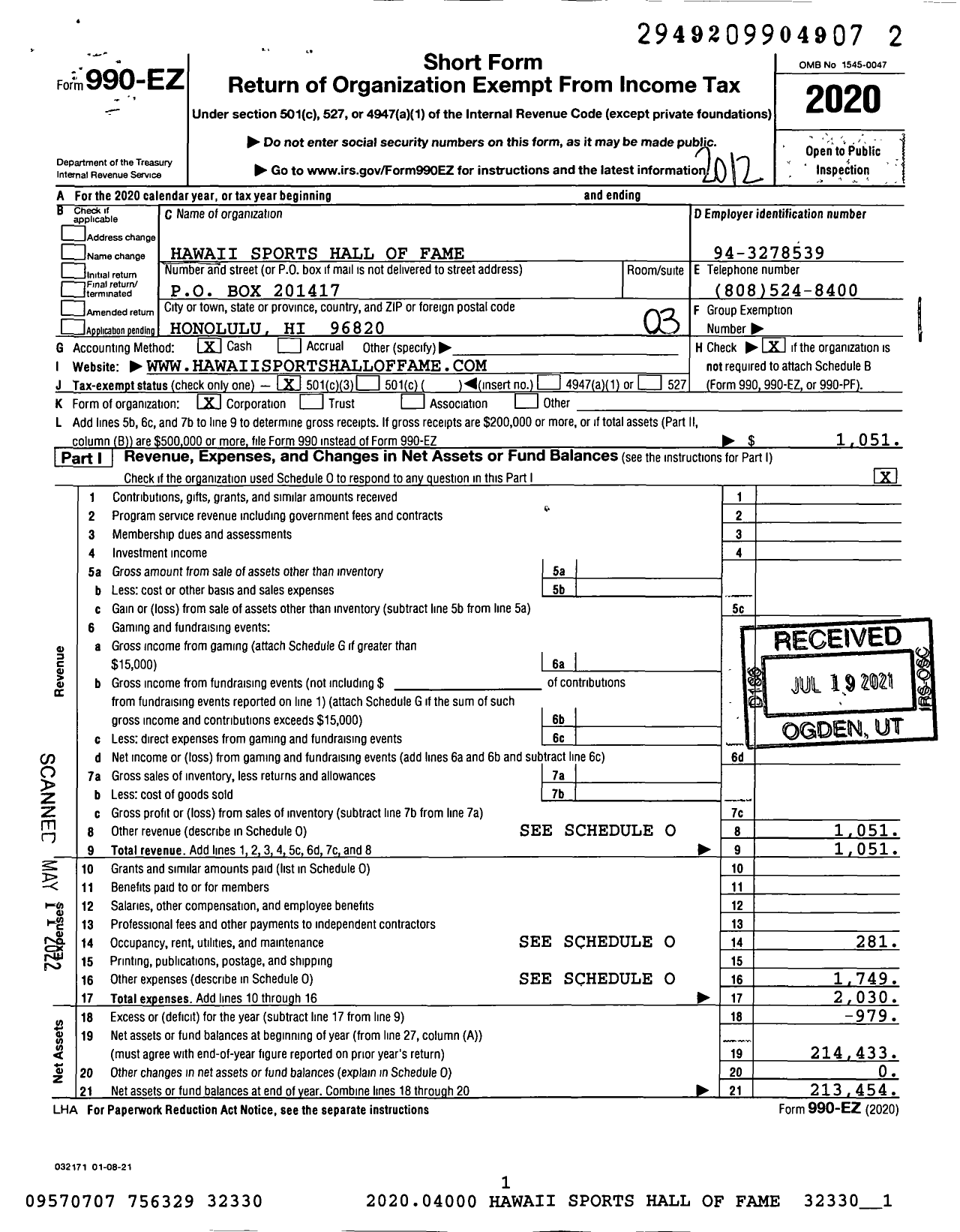 Image of first page of 2020 Form 990EZ for Hawaii Sports Hall of Fame