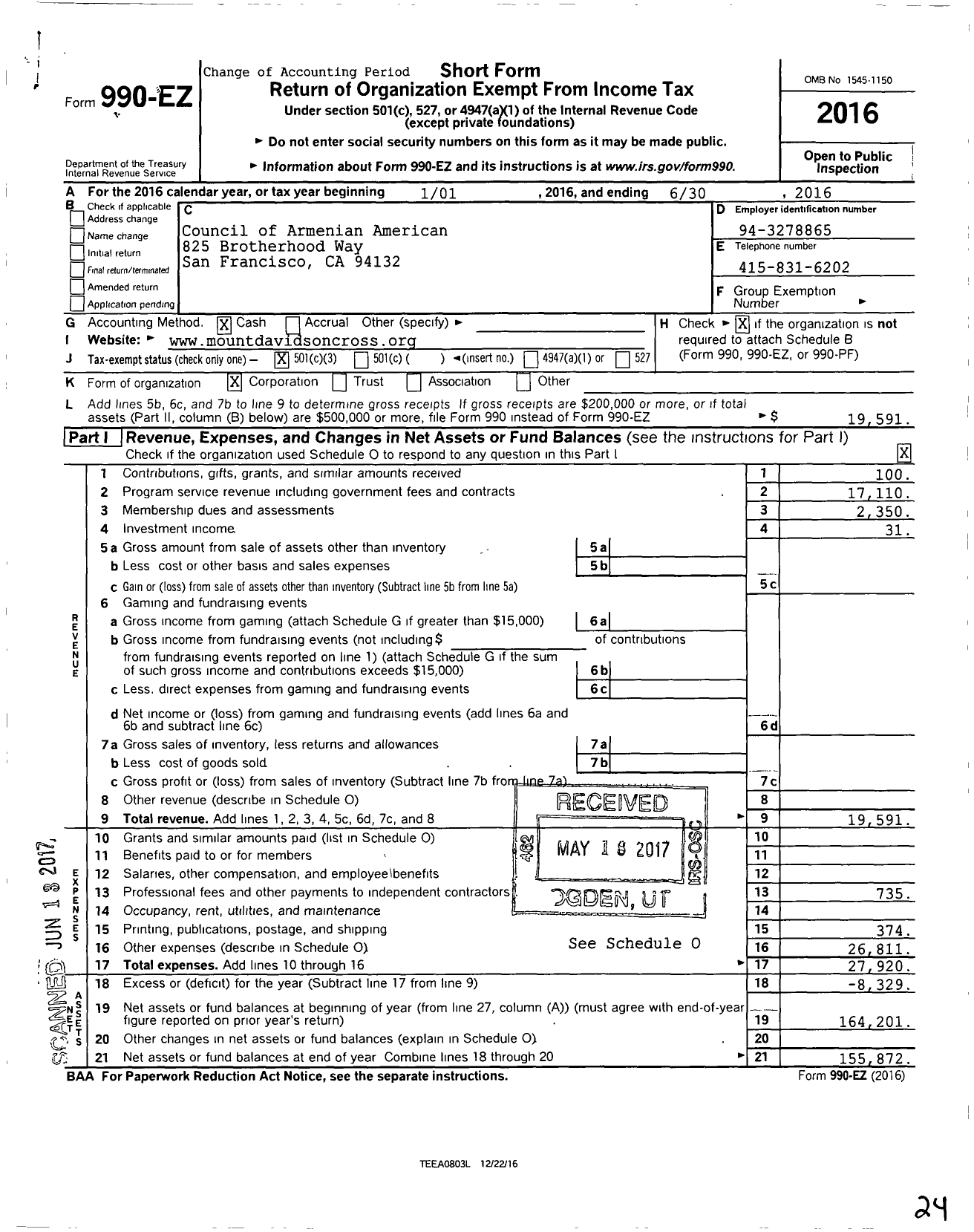 Image of first page of 2015 Form 990EZ for Council of Armenian American