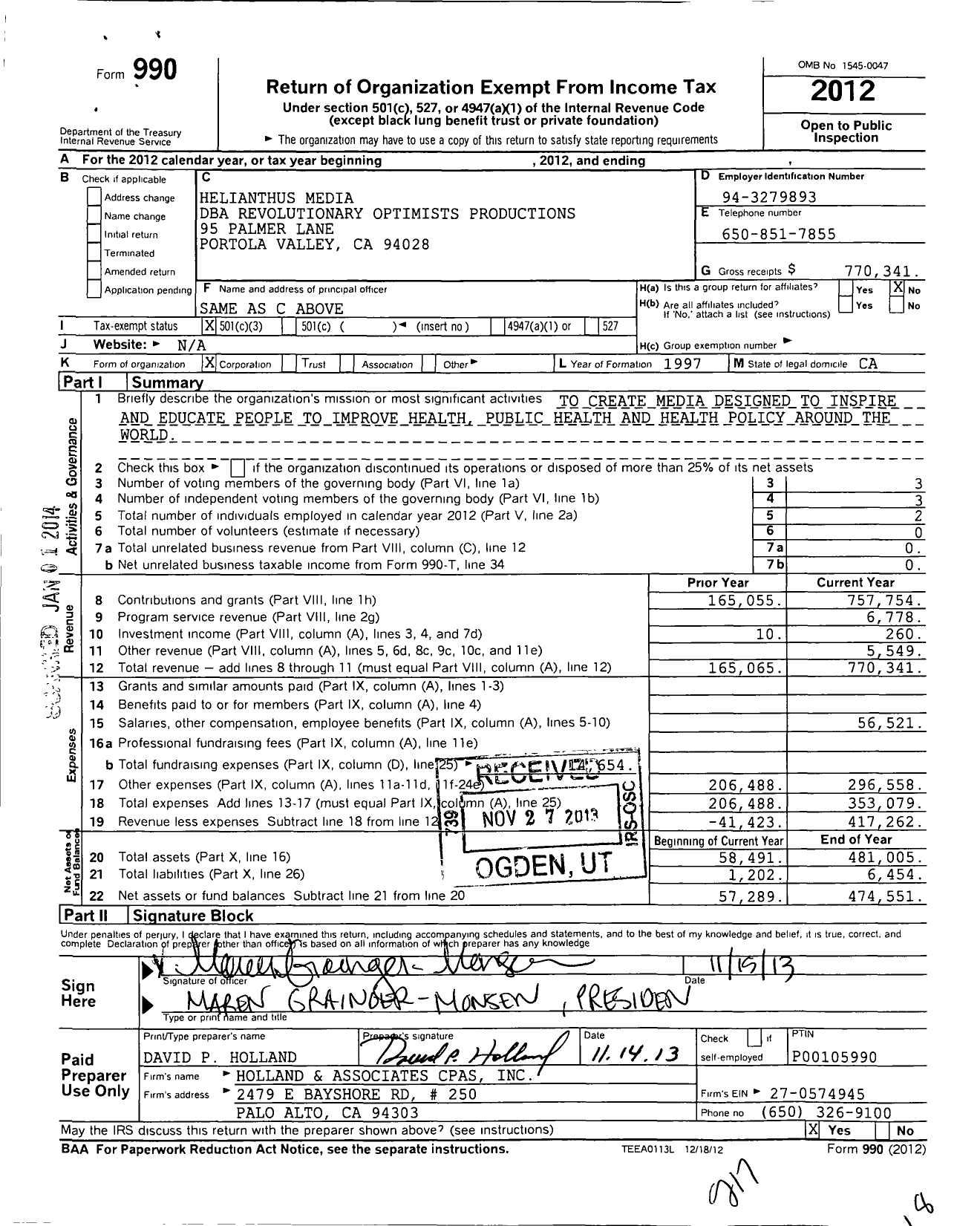 Image of first page of 2012 Form 990 for Helianthus Media