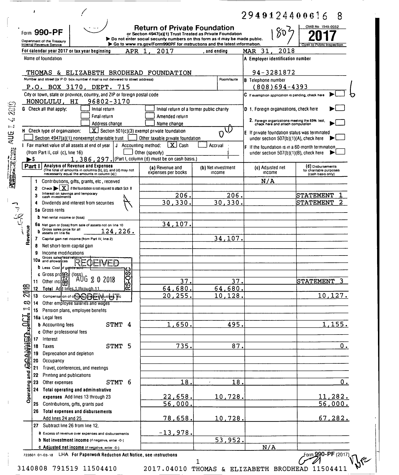 Image of first page of 2017 Form 990PF for Thomas and Elizabeth Brodhead Foundation