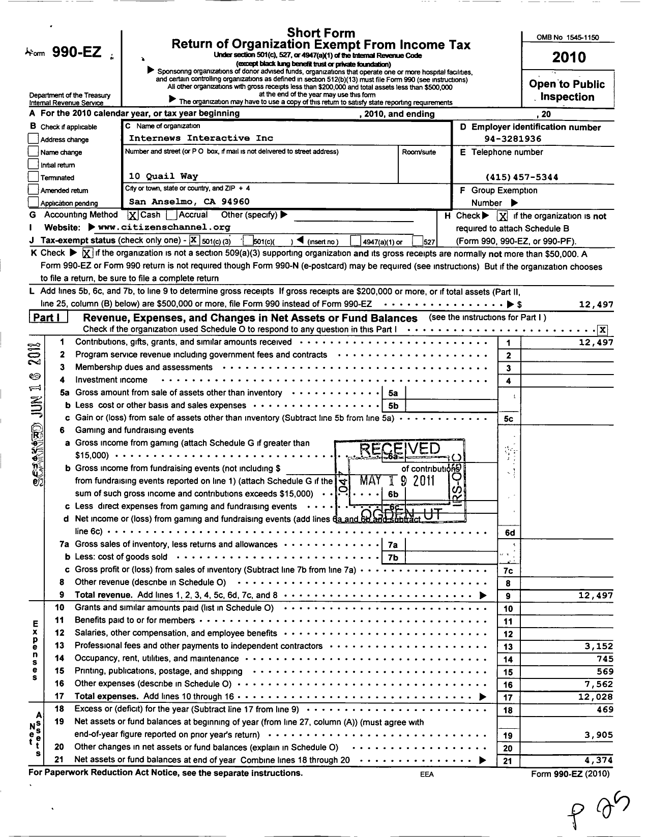 Image of first page of 2010 Form 990EZ for Internews Interactive