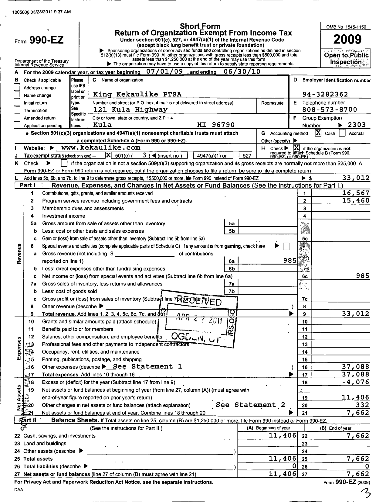 Image of first page of 2009 Form 990EZ for PTA Hawaii Congress / King Kekaulike High School Ptsa