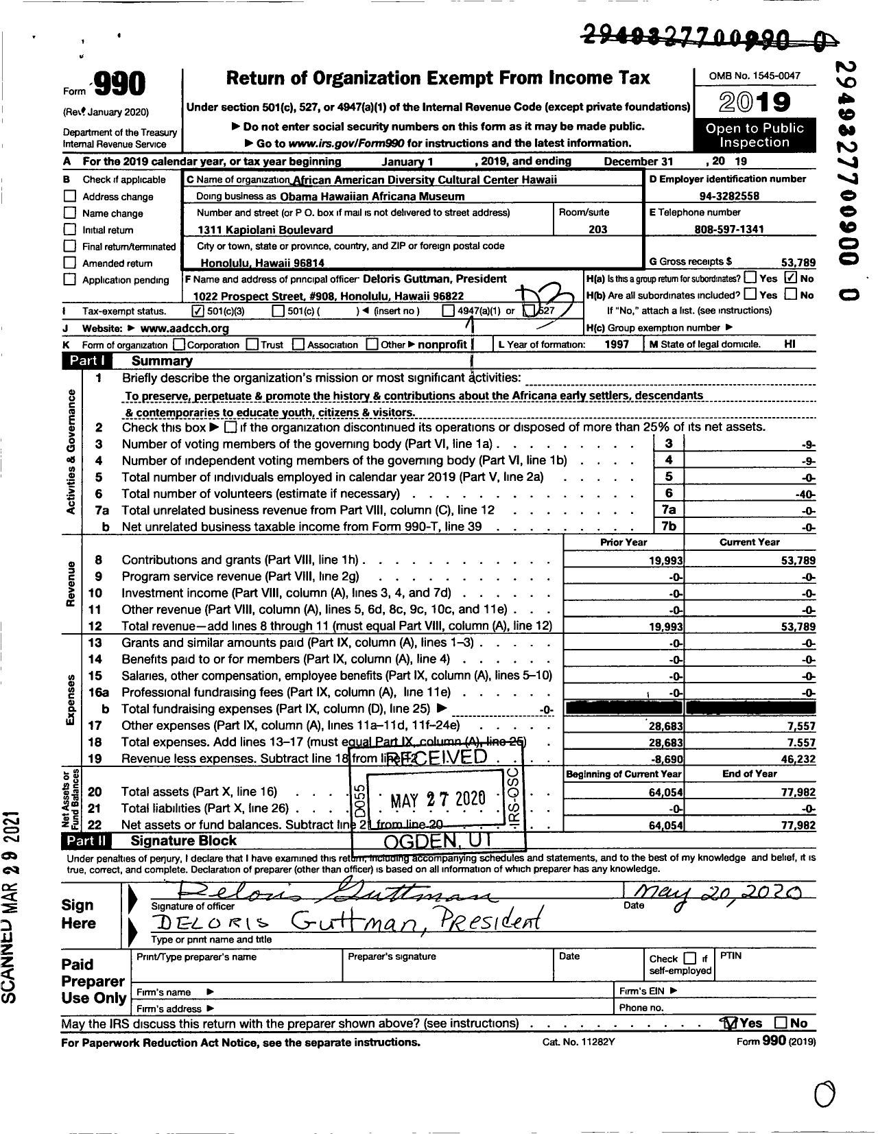 Image of first page of 2019 Form 990 for Obama Hawaiian Africana Museum