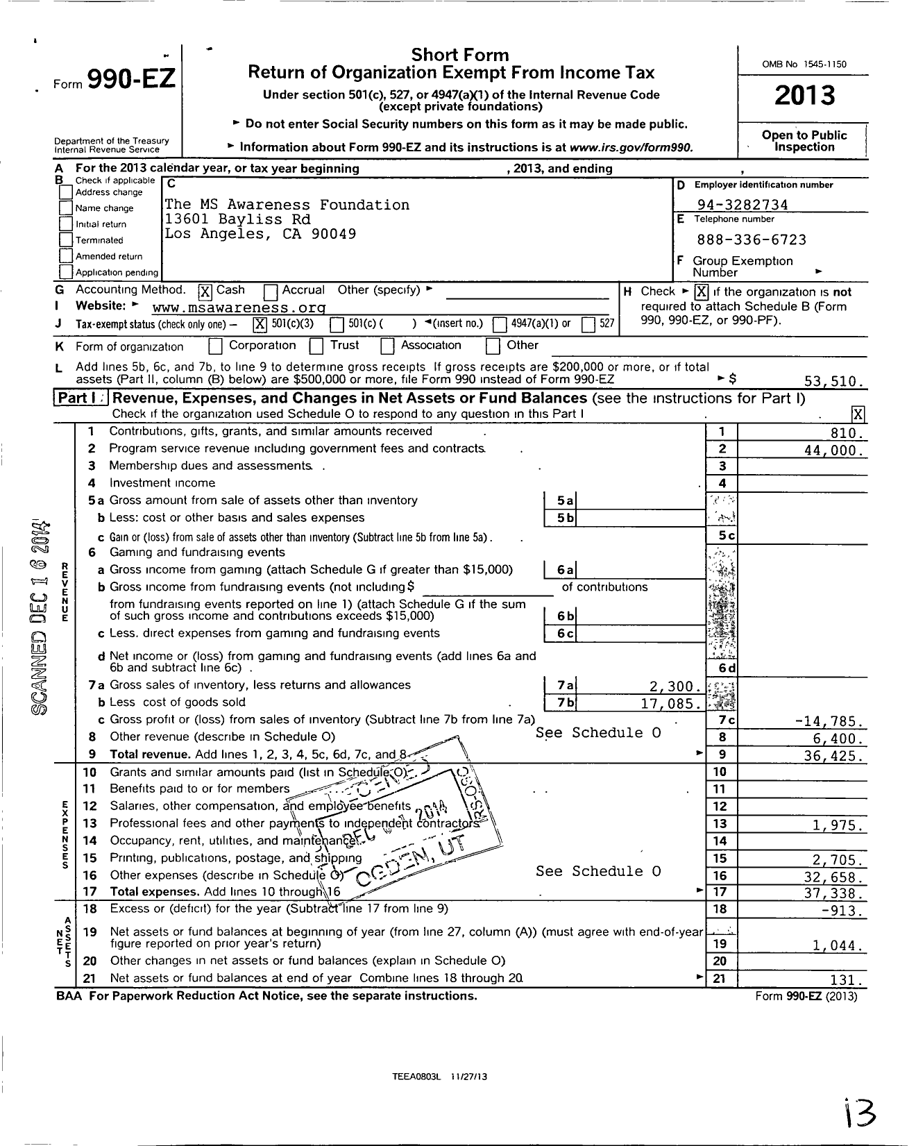 Image of first page of 2013 Form 990EZ for The MS Awareness Foundation