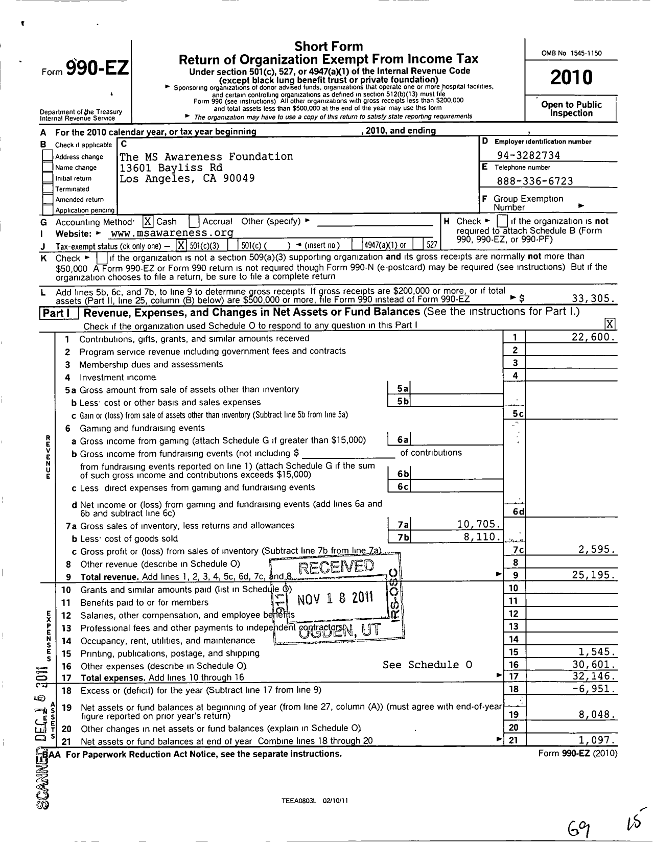 Image of first page of 2010 Form 990EZ for The MS Awareness Foundation