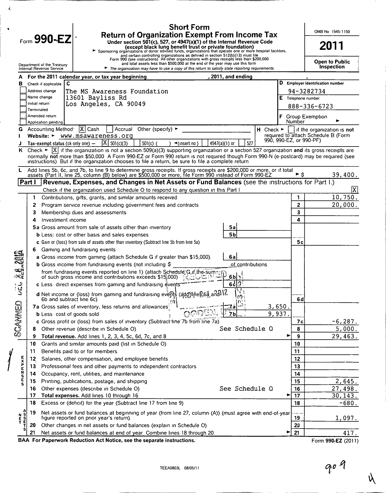 Image of first page of 2011 Form 990EZ for The MS Awareness Foundation