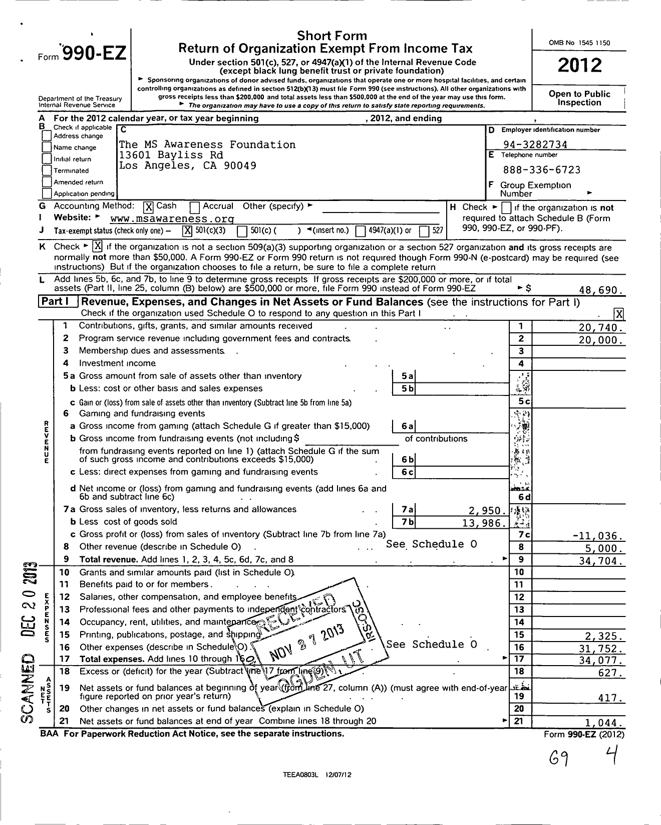 Image of first page of 2012 Form 990EZ for The MS Awareness Foundation