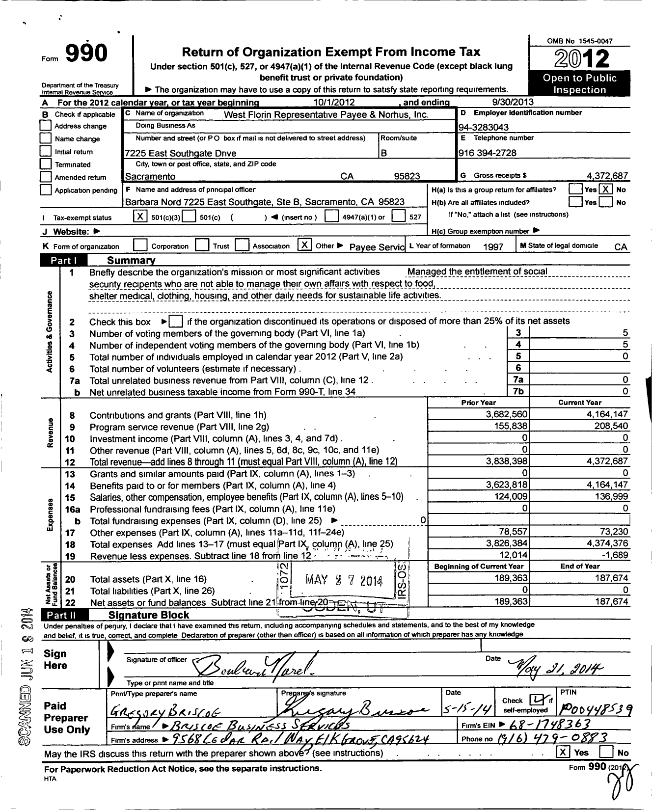 Image of first page of 2012 Form 990 for West Florin Representative Payee SVCS and Nordhus (WFRPSN)