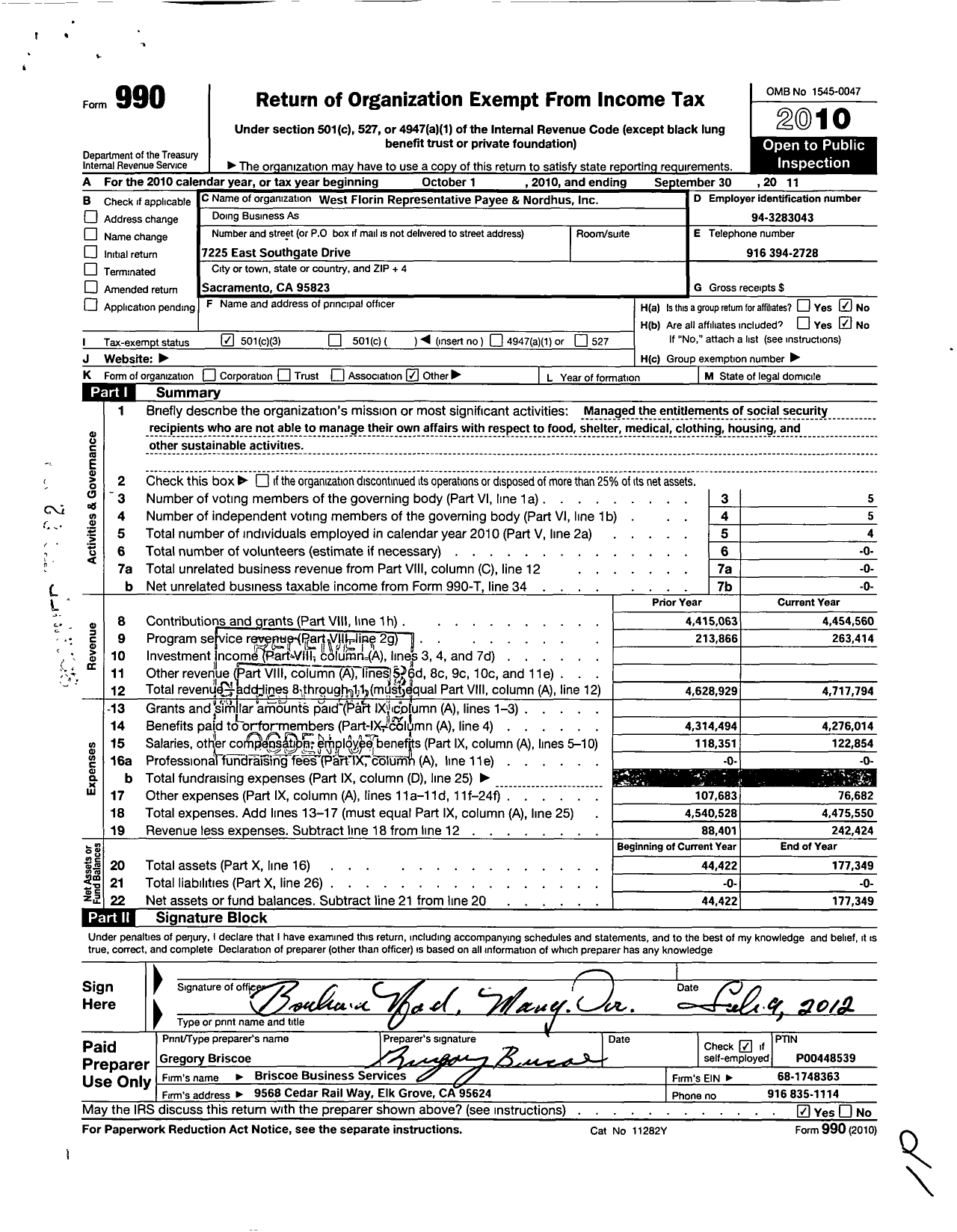 Image of first page of 2010 Form 990 for West Florin Representative Payee SVCS and Nordhus (WFRPSN)