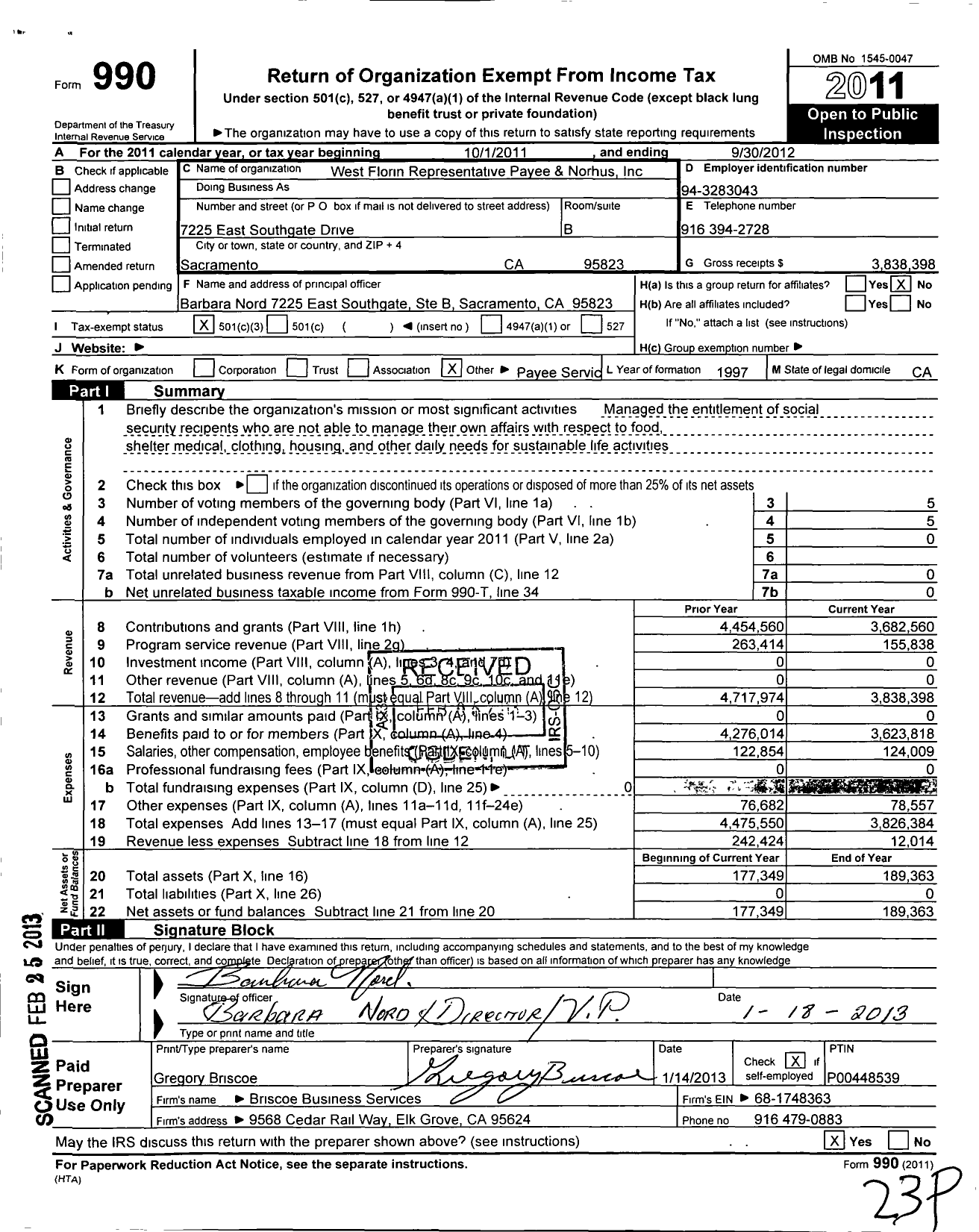 Image of first page of 2011 Form 990 for West Florin Representative Payee SVCS and Nordhus (WFRPSN)