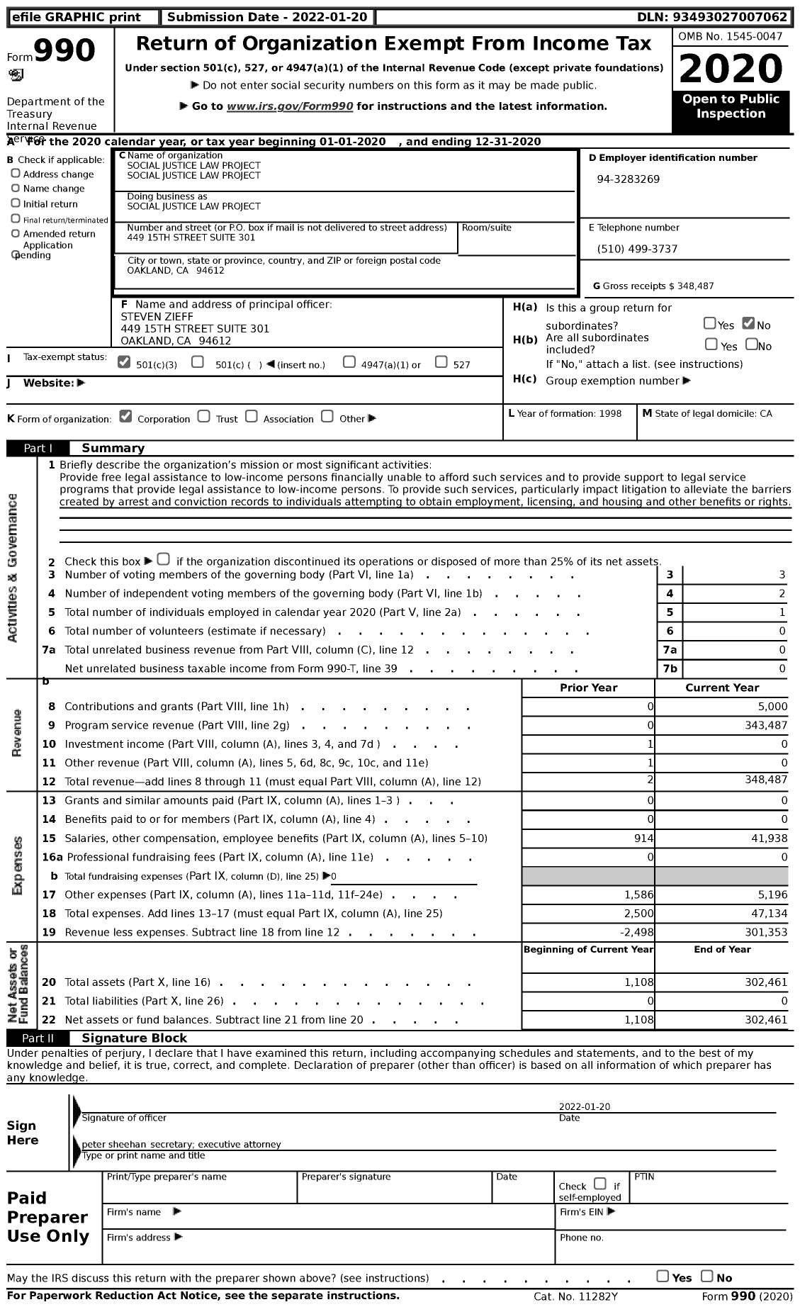 Image of first page of 2020 Form 990 for Social Justice Law Project