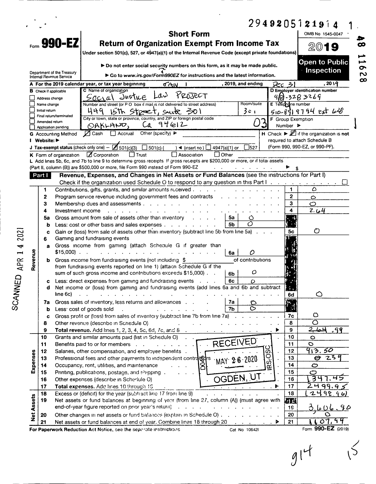 Image of first page of 2019 Form 990EZ for Social Justice Law Project