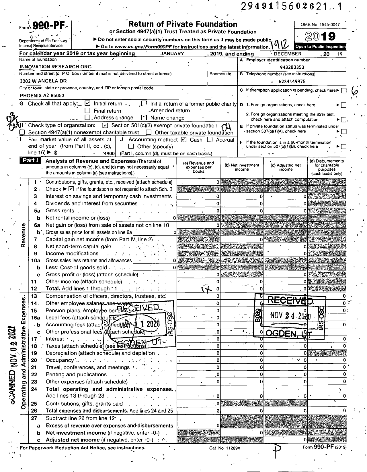 Image of first page of 2019 Form 990PF for Innovation Research