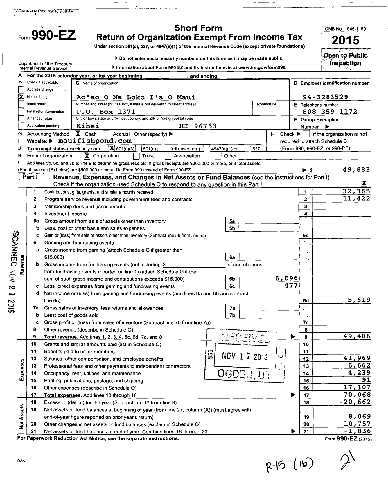 Image of first page of 2015 Form 990EZ for Aoao O Na Loko Ia O Maui