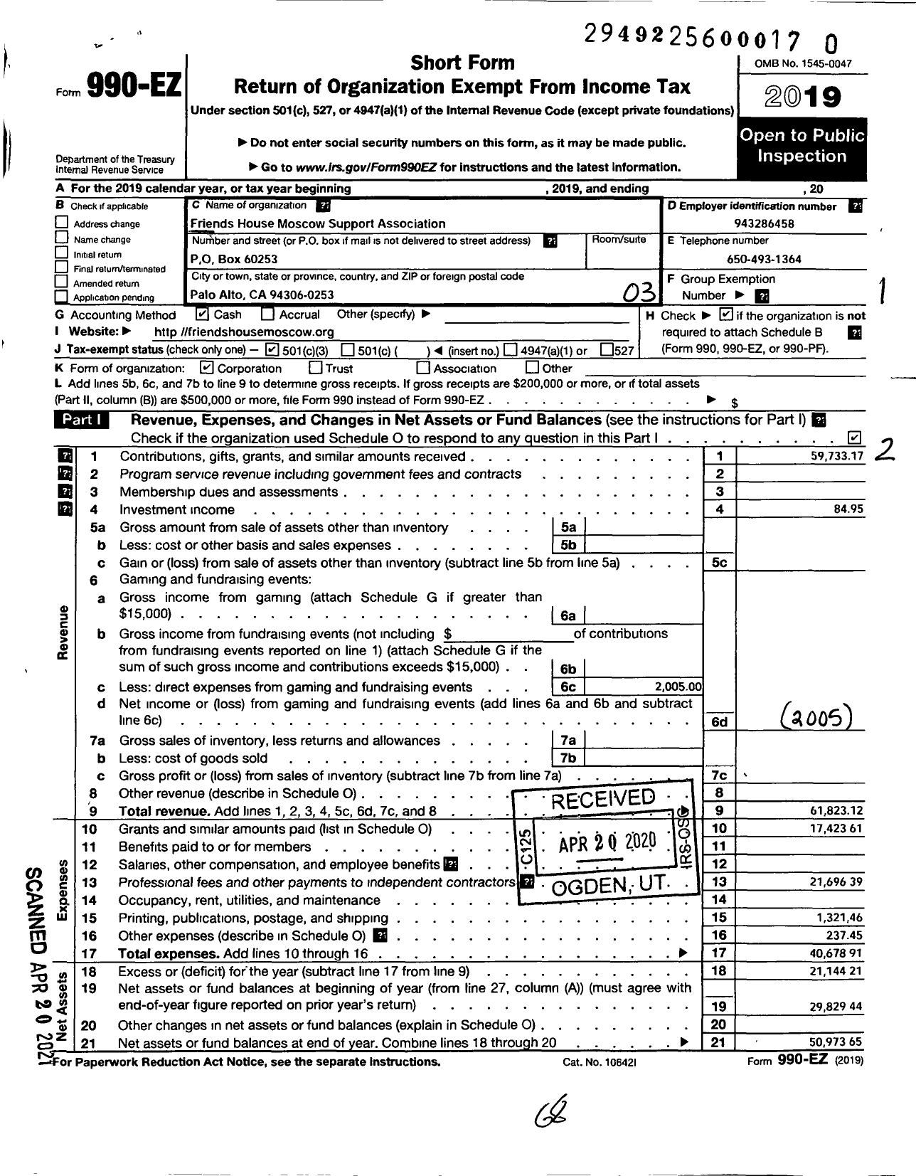 Image of first page of 2019 Form 990EZ for Friends House Moscow Support Association