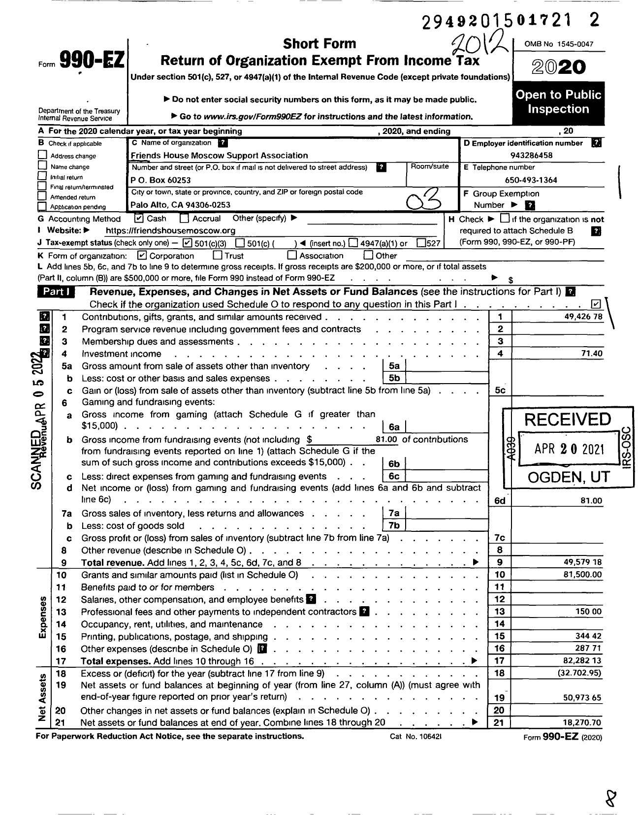 Image of first page of 2020 Form 990EZ for Friends House Moscow Support Association