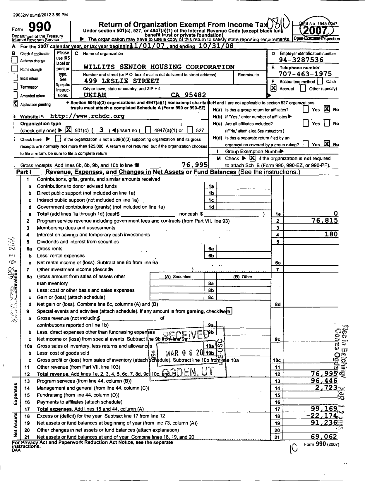 Image of first page of 2007 Form 990 for Rural Community Housing Development Corporation / Willits Senior Housing Corporation