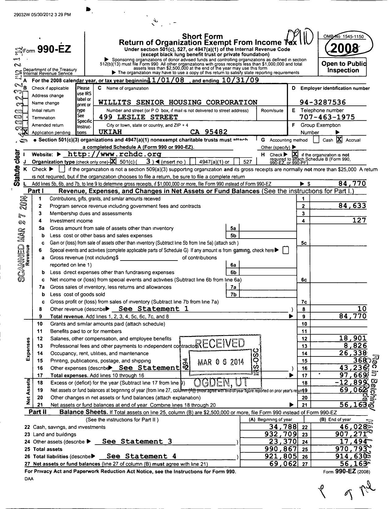 Image of first page of 2008 Form 990EZ for Rural Community Housing Development Corporation / Willits Senior Housing Corporation