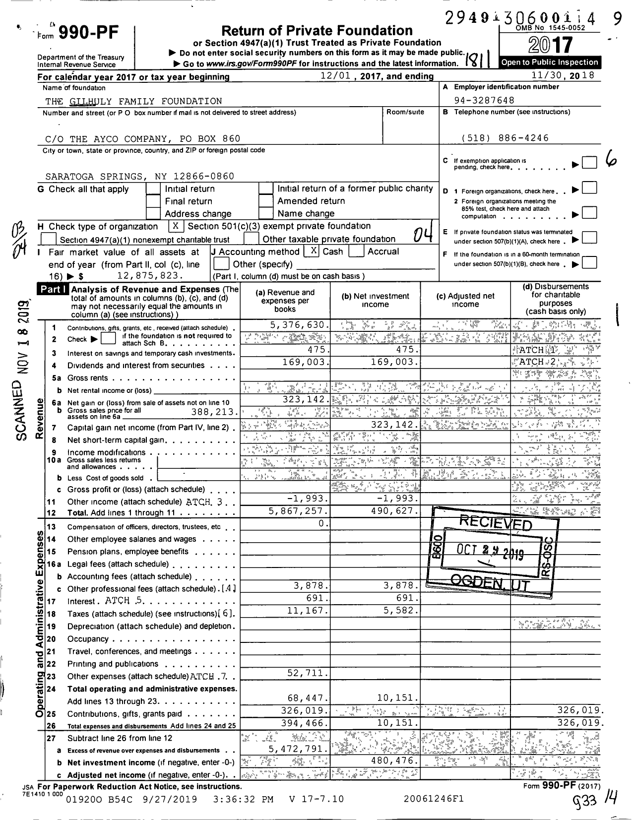 Image of first page of 2017 Form 990PF for The Gilhuly Family Foundation