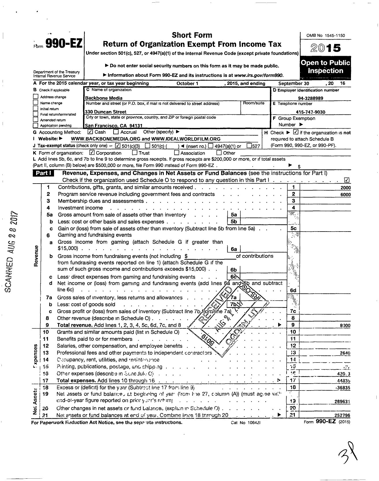 Image of first page of 2015 Form 990EZ for Backbone Media