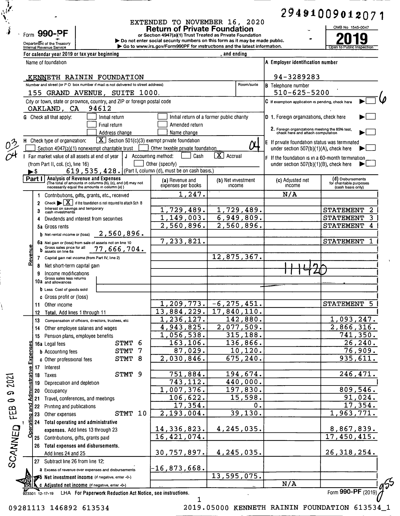 Image of first page of 2019 Form 990PF for Kenneth Rainin Foundation