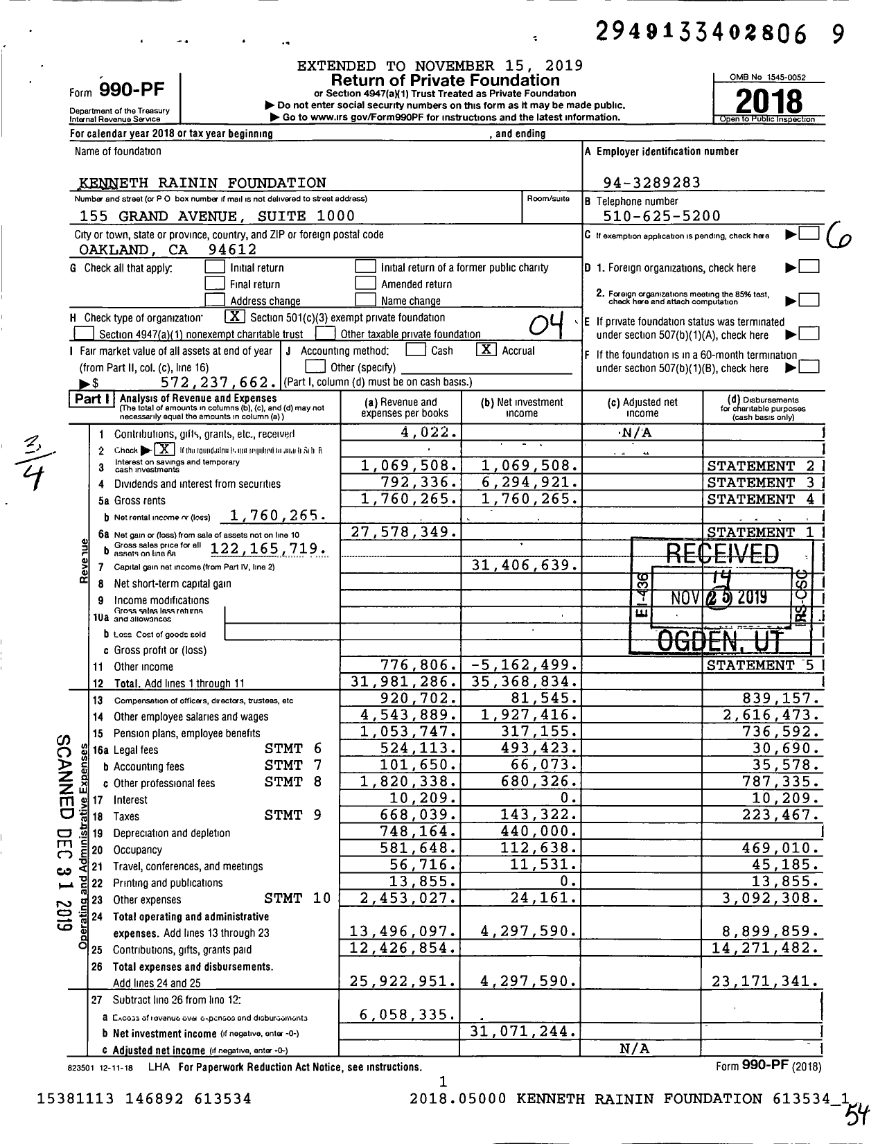 Image of first page of 2018 Form 990PF for Kenneth Rainin Foundation